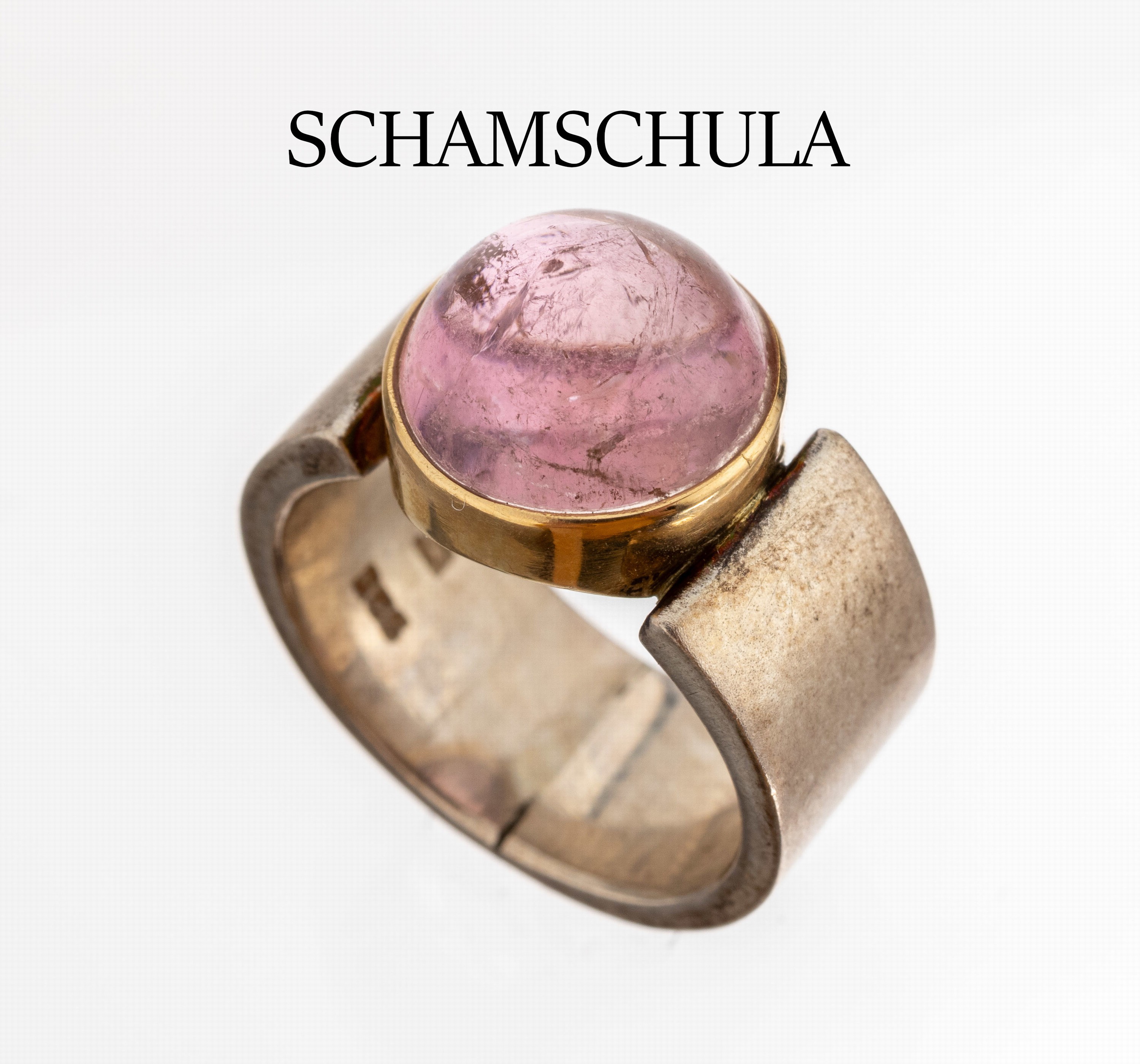 Designer Turmalin-Ring, 925er Silber, runder Turmalin-Cabochon in GG 750/000 gefasst, RW 52, Meistermarke Gertrud+Otto Schamschula