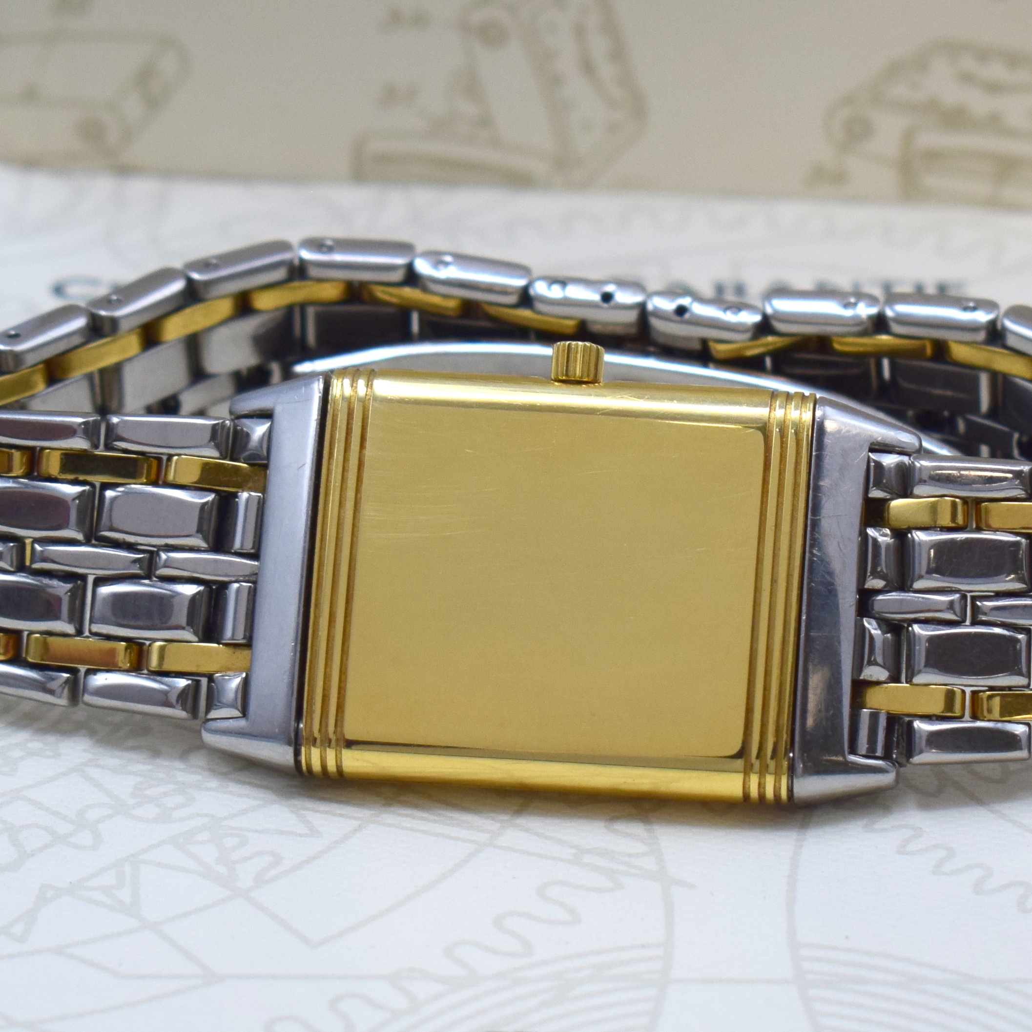Detail f: Jaeger-LeCoultre Armbanduhr Reverso in Stahl/GG 750/000, Schweiz um 1995, Handaufzug, um 180 Grad drehbares Wendegeh. inkl. orig. Gliederband m. ...