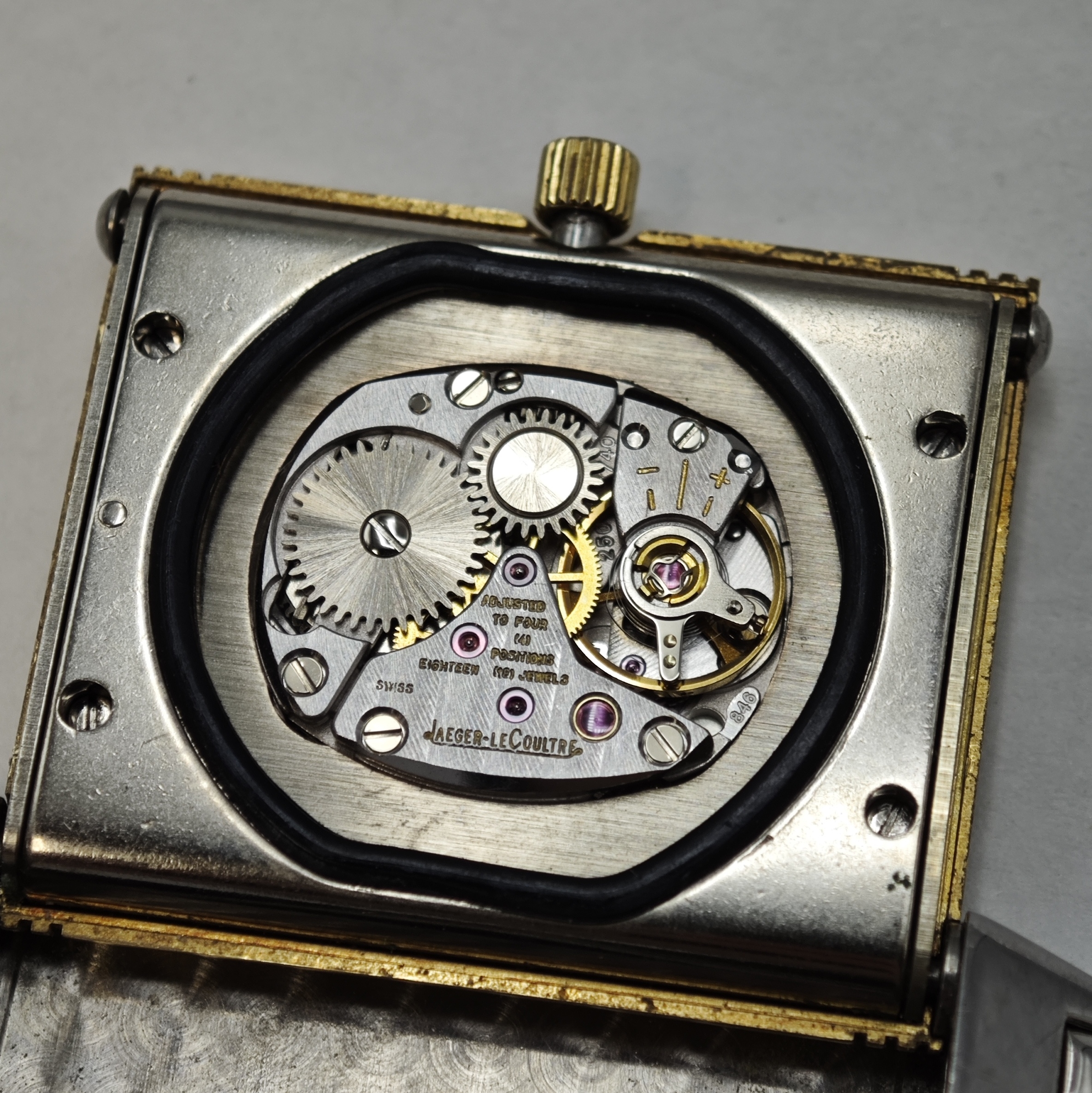 Detail g: Jaeger-LeCoultre Armbanduhr Reverso in Stahl/GG 750/000, Schweiz um 1995, Handaufzug, um 180 Grad drehbares Wendegeh. inkl. orig. Gliederband m. ...