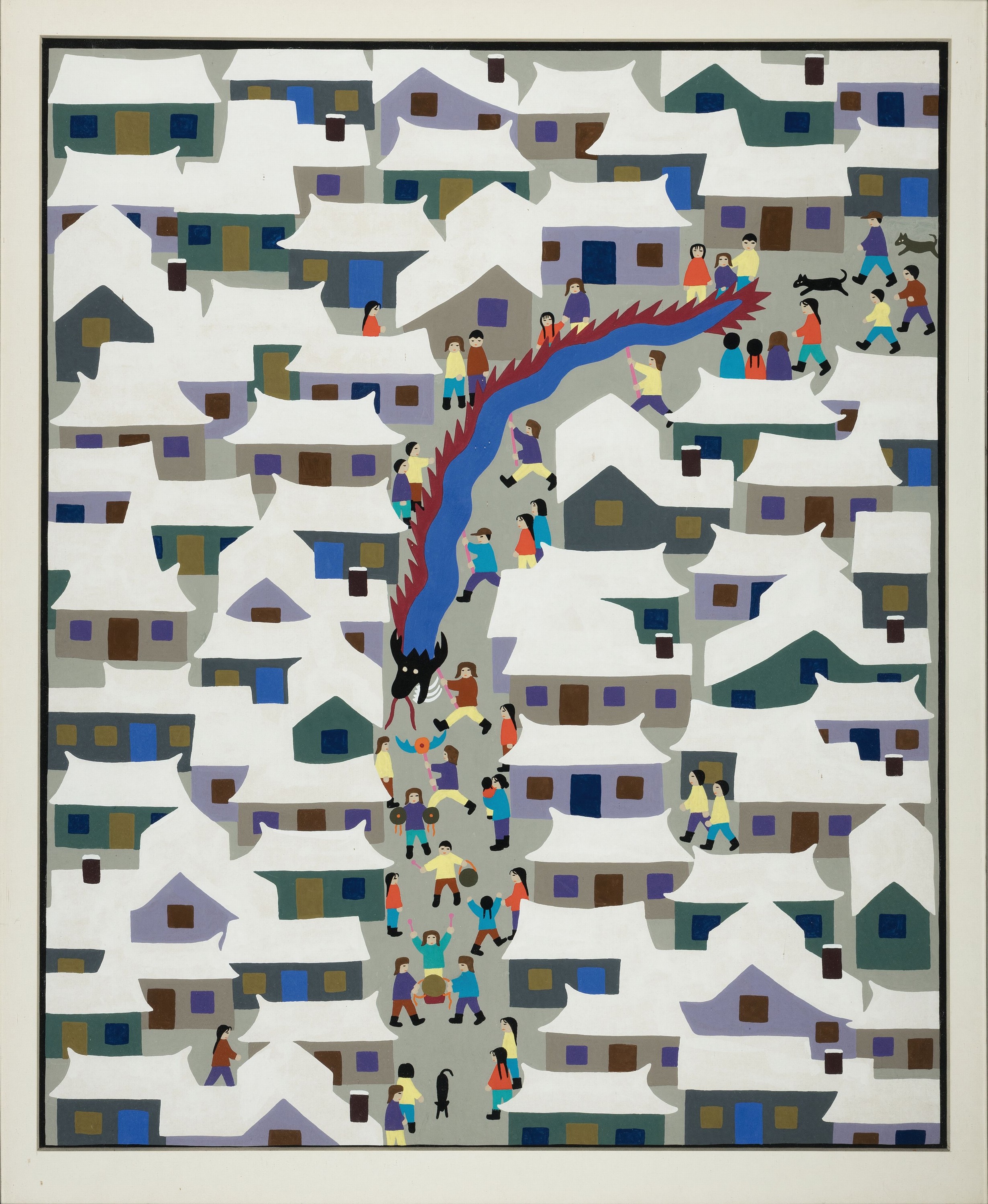 Detail a: Tao Linping, geb. 1964, naive chinesische Malerei, Aquarell/Tusche auf Papier, "Dragon Dance", vor 1990, Blatt 54x66 cm, unter PP signiert ...