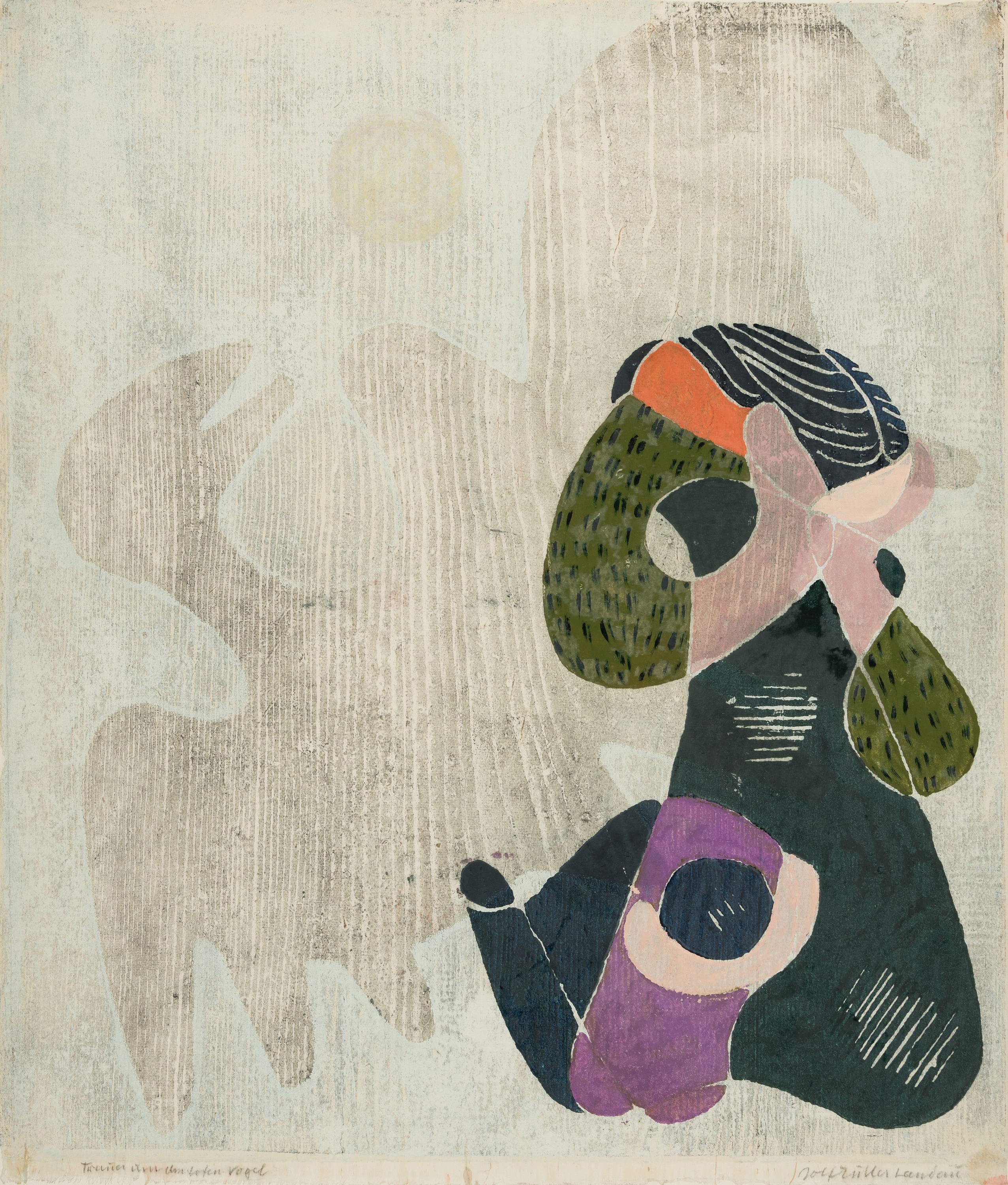 Rolf Müller-Landau, 1903-1956 Bad Bergzabern , Farbschnittmonotypie, "Trauer über den toten Vogel", 1954, 53x45 cm, unter Glas