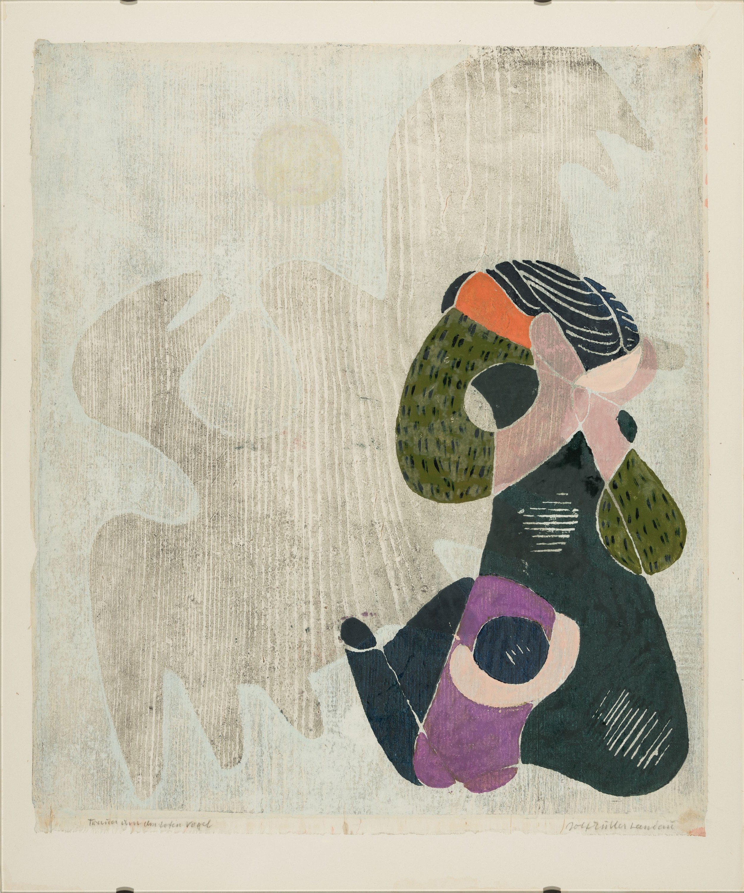 Detail k: Rolf Müller-Landau, 1903-1956 Bad Bergzabern , Farbschnittmonotypie, "Trauer über den toten Vogel", 1954, 53x45 cm, unter Glas