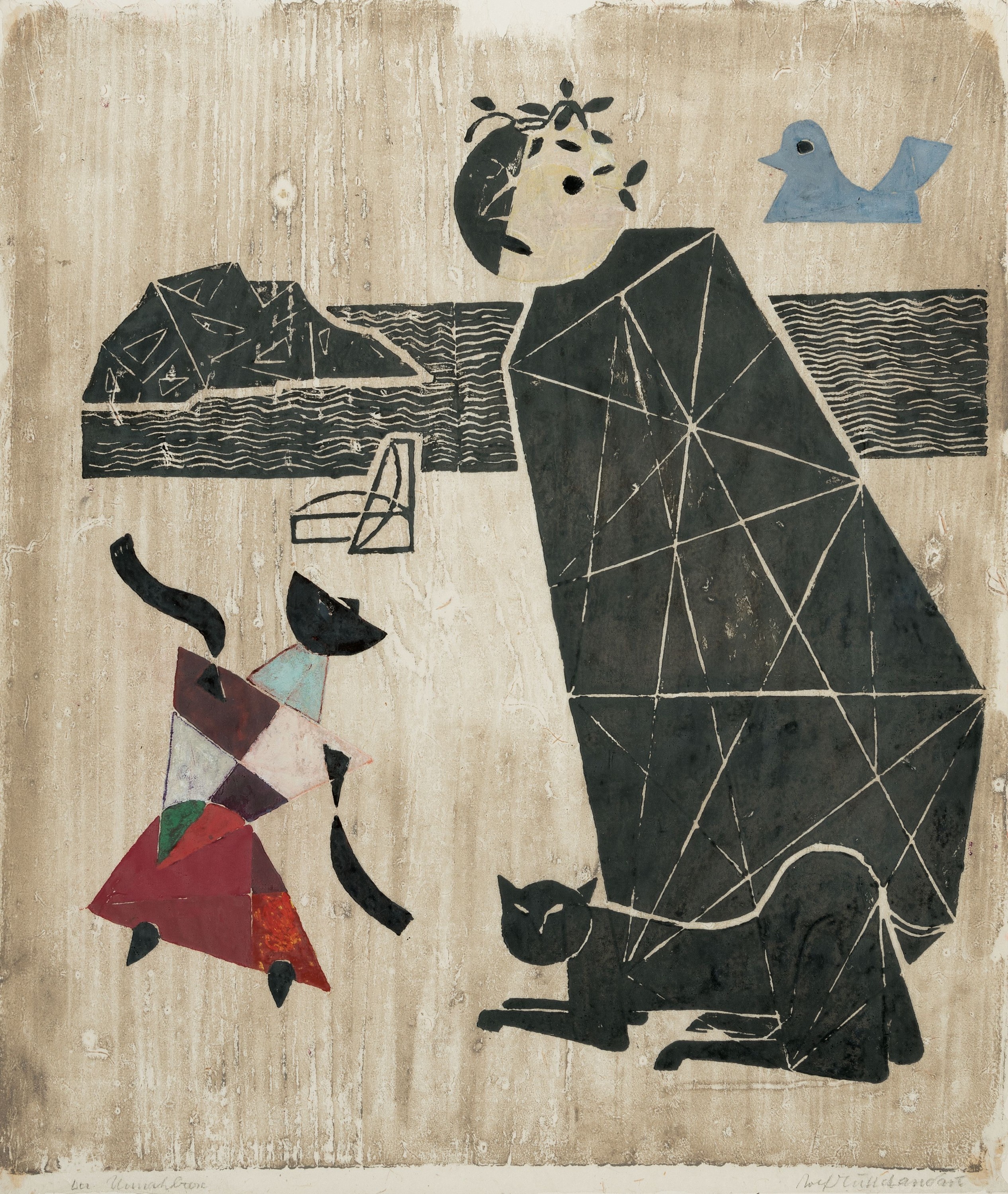 Rolf Müller-Landau, 1903-1956 Bad Bergzabern , Farbschnittmonotypie, "Der Unnahbare", 53x45 cm, unter Glas