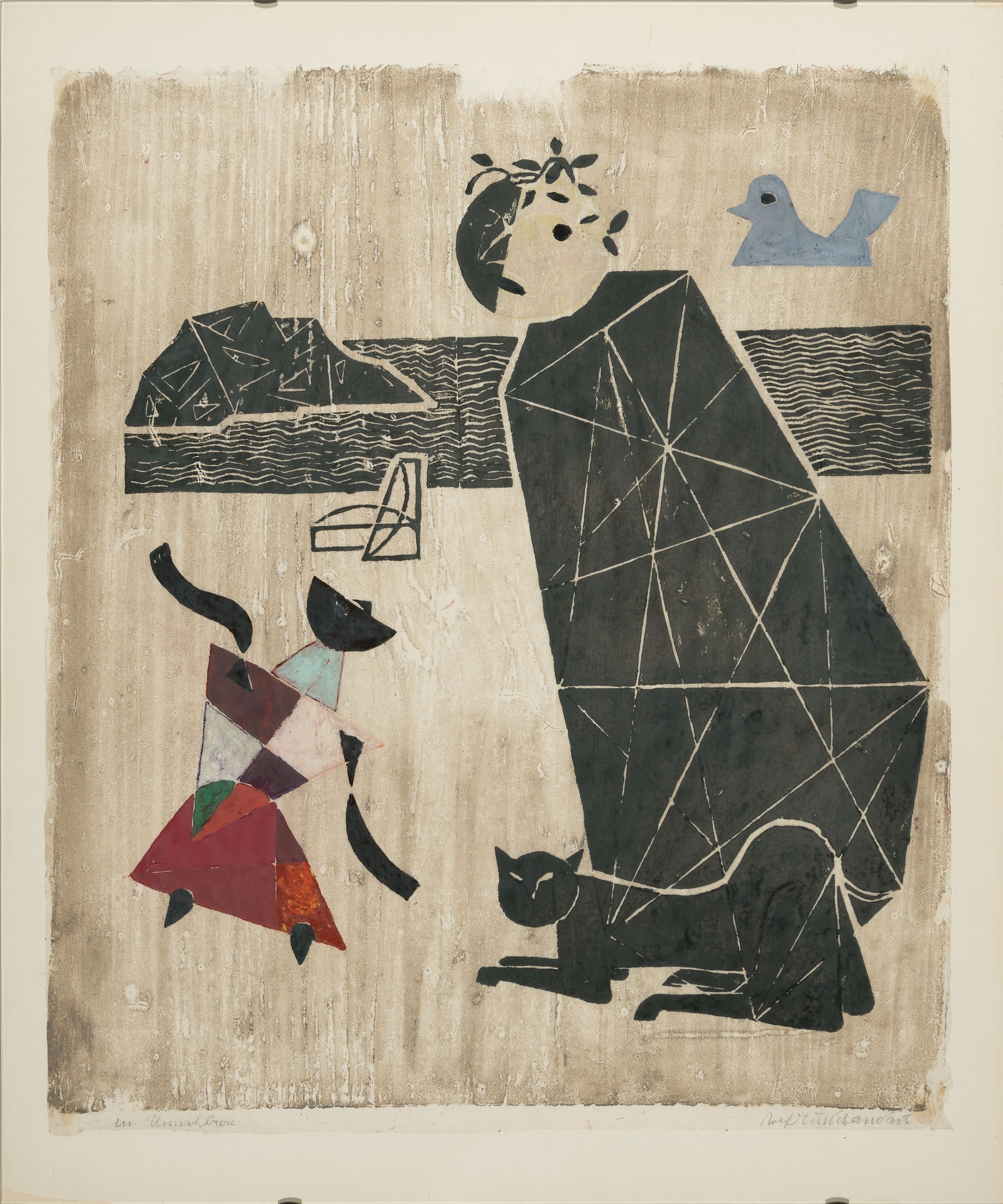 Detail k: Rolf Müller-Landau, 1903-1956 Bad Bergzabern , Farbschnittmonotypie, "Der Unnahbare", 53x45 cm, unter Glas