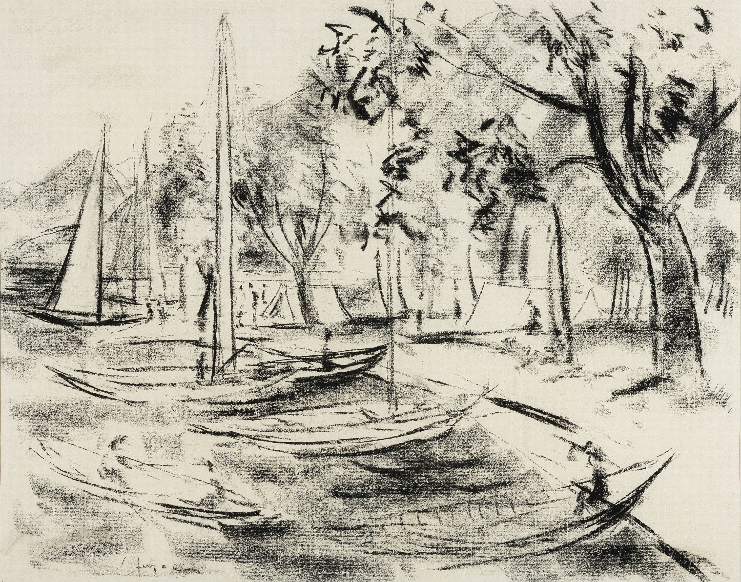 Heinrich Herzog, 1891-1971, Lido von Ascona, Kohlezeichnung von 1953, links unten signiert, ca. 48x61cm, PP, u.Gl., R. ca. 67x 78cm