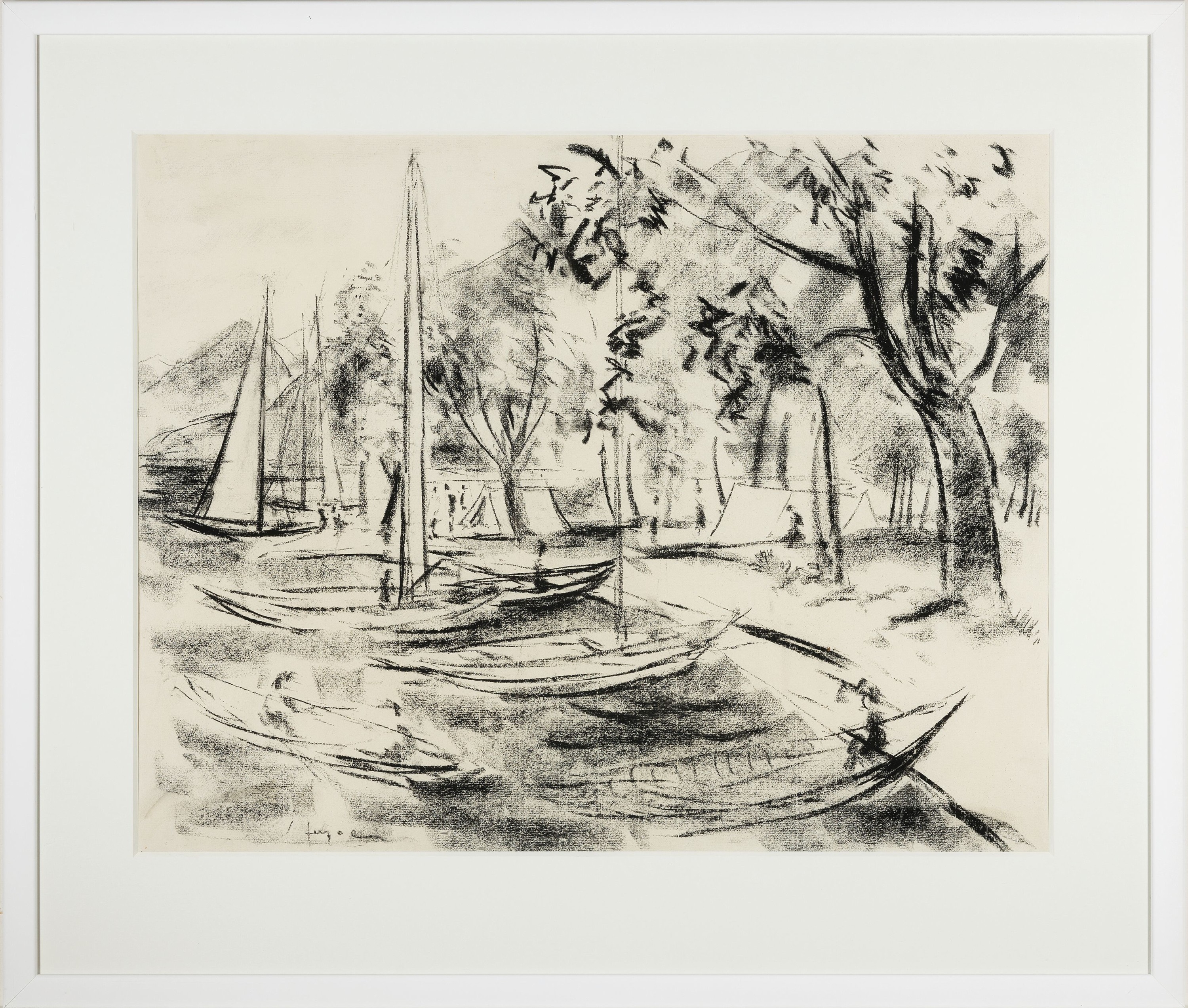 Detail k: Heinrich Herzog, 1891-1971, Lido von Ascona, Kohlezeichnung von 1953, links unten signiert, ca. 48x61cm, PP, u.Gl., R. ca. 67x 78cm
