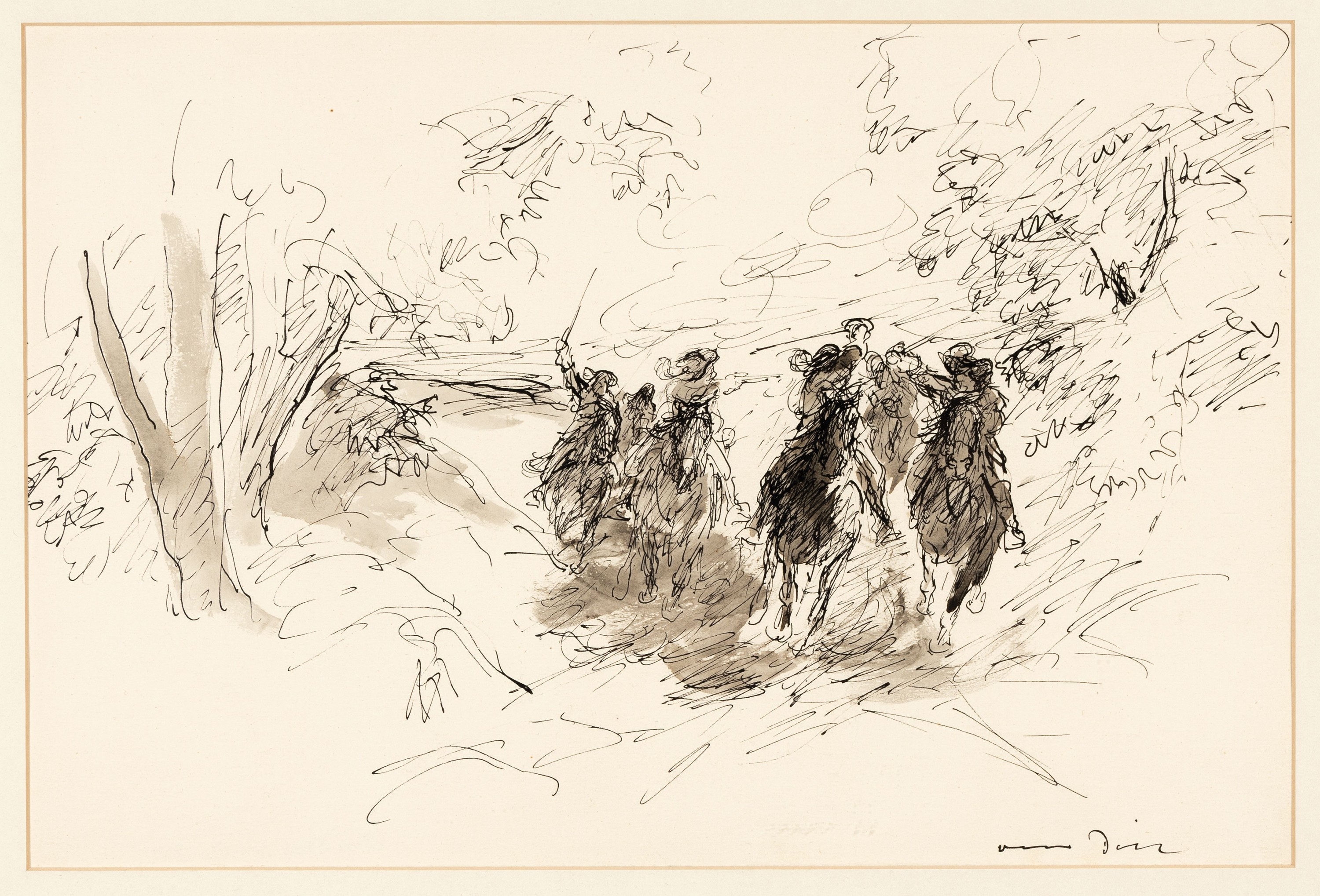 Otto Dill, 1884 Neustadt-1957 Bad Dürkheim, Patrouillengefecht, lavierte Tuschfederzeichung, re. unten signiert, leicht gebräunt, ca. 22x34cm, PP, ...