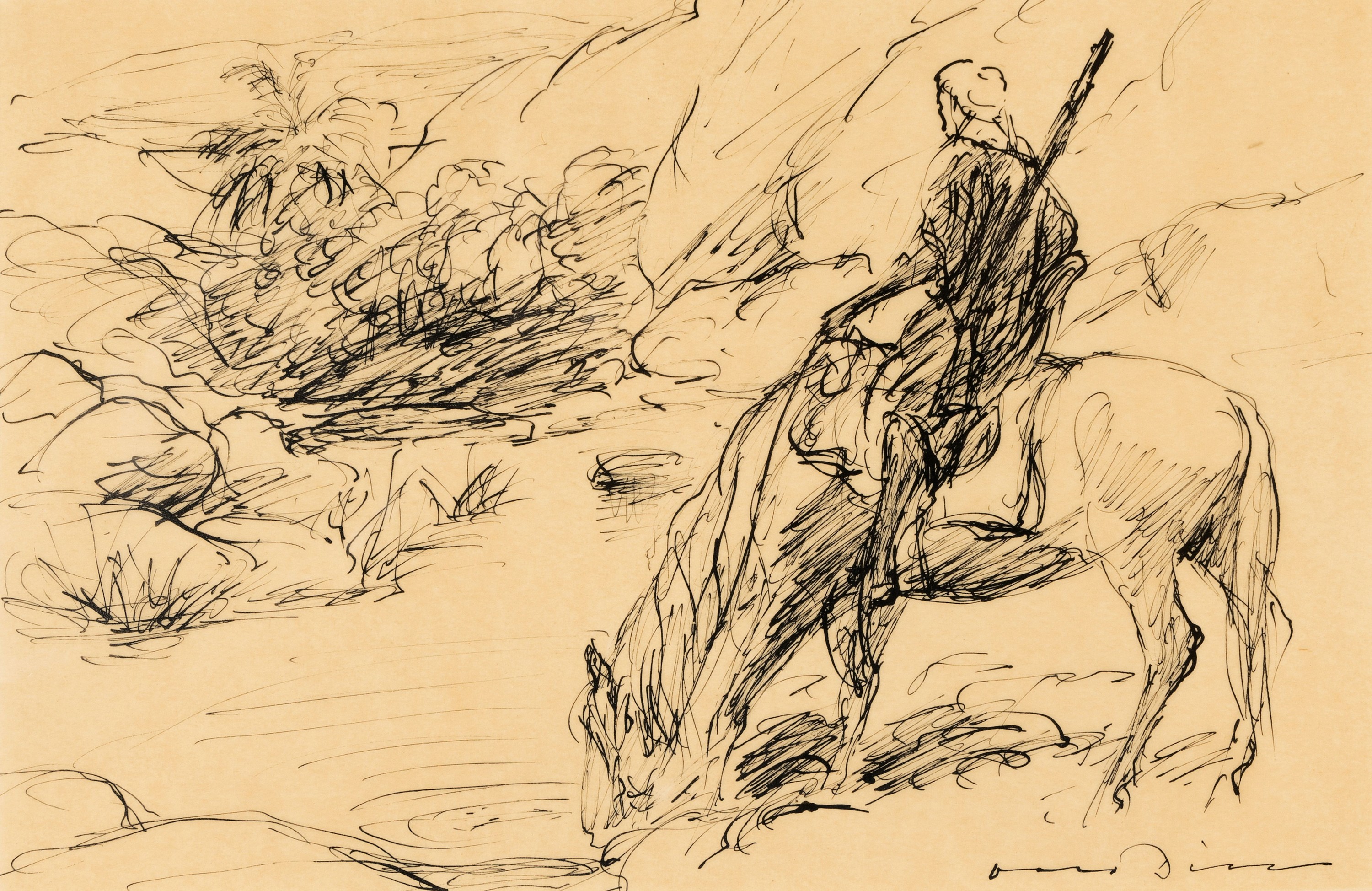 Otto Dill, 1884 Neustadt-1957 Bad Dürkheim, Reiter mit Pferd an der Tränke, Tuschfeder auf Papier, rechts unten signiert, leicht gebräunt, ca. ...