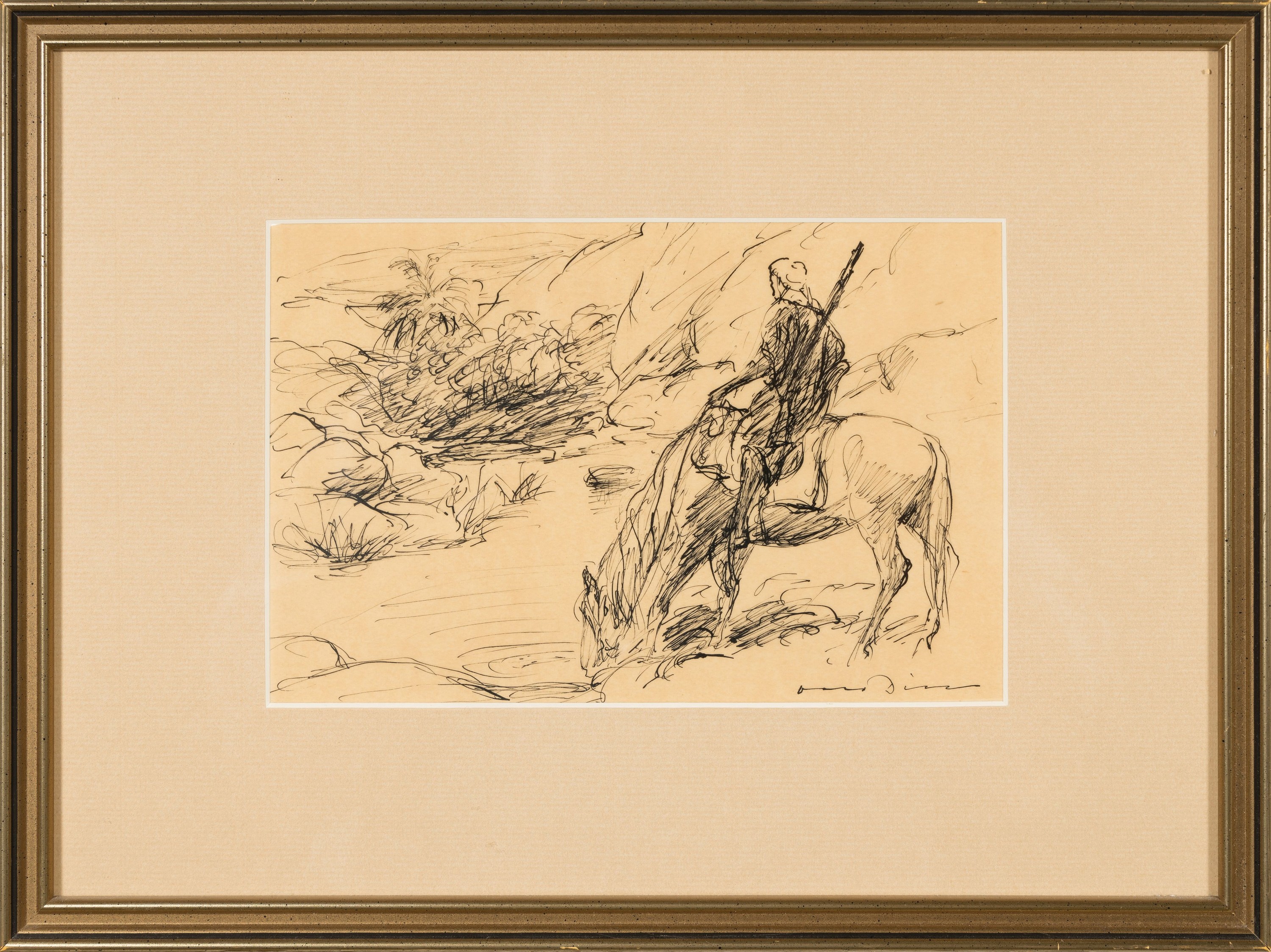 Detail k: Otto Dill, 1884 Neustadt-1957 Bad Dürkheim, Reiter mit Pferd an der Tränke, Tuschfeder auf Papier, rechts unten signiert, leicht gebräunt, ca. ...