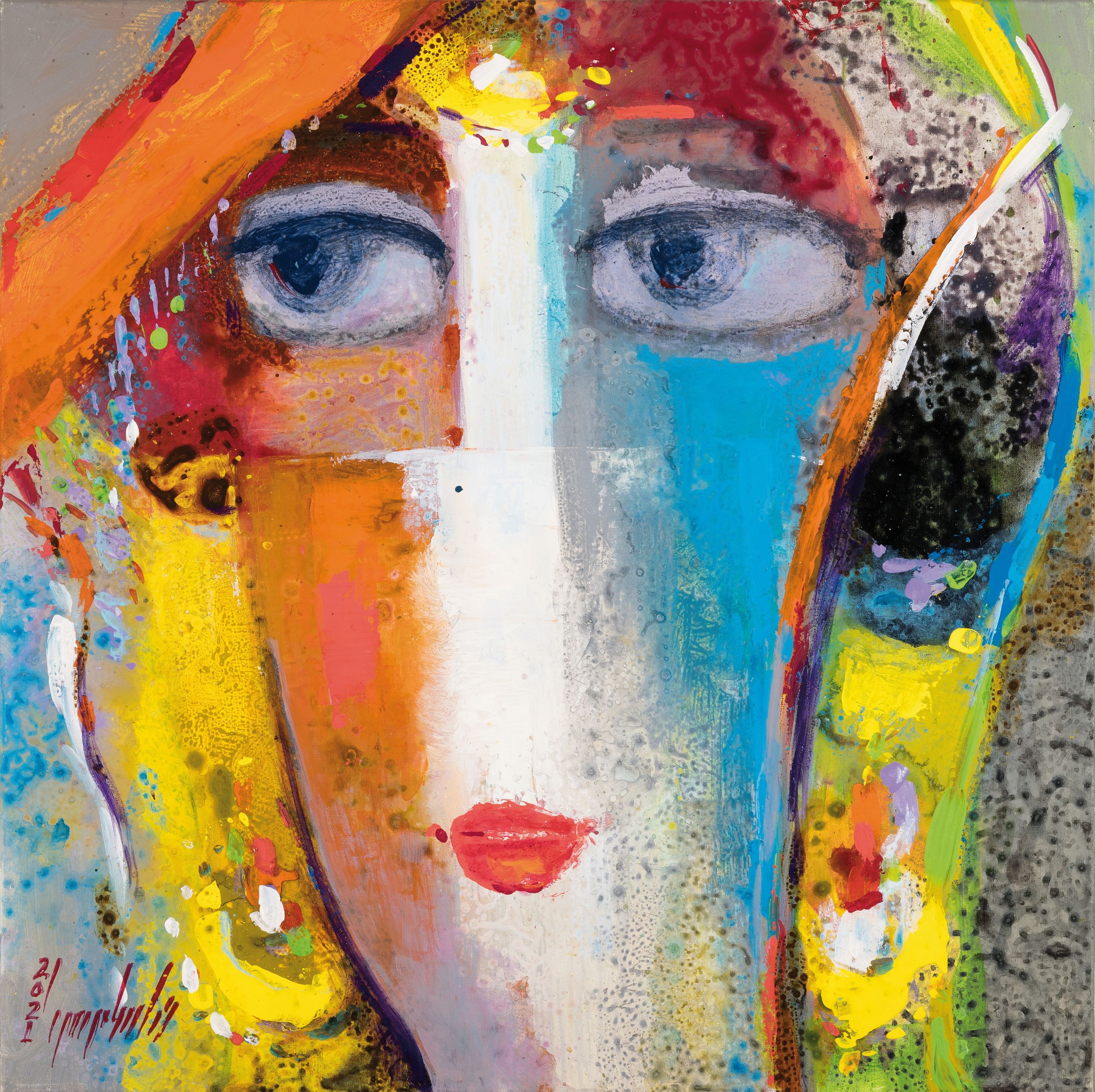 Abbas Al Mosawi, geb. 1952 Bahrain, Schüler vom Ahmed Baqer, Öl/Lwd, abstrakter Kopf, sign., dat., ca. 70x70 cm