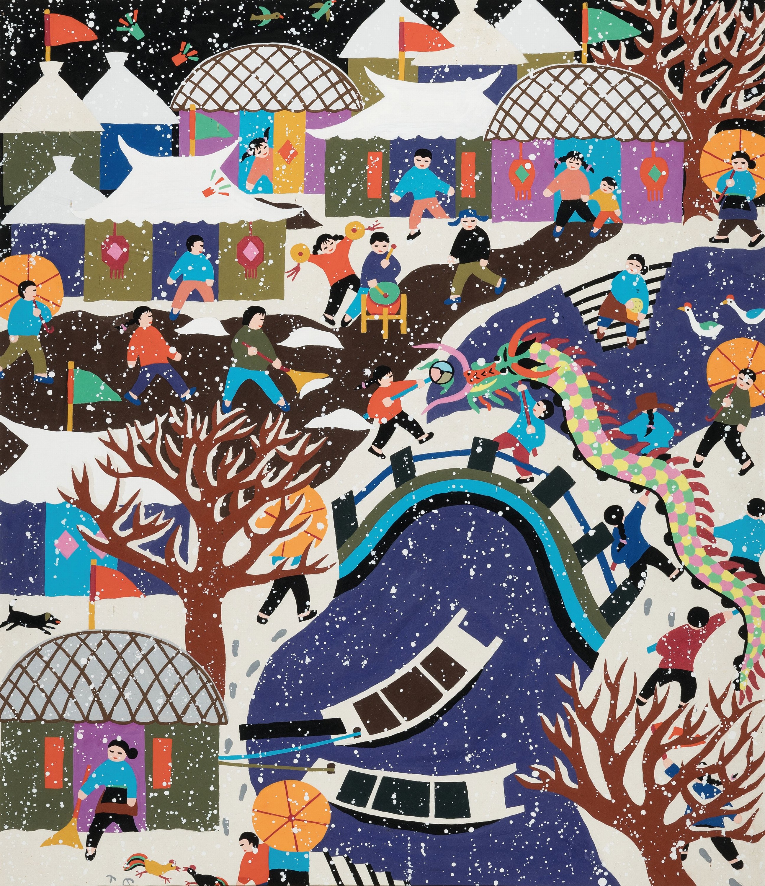 Xu Xiaoxin, geb. 1956, naive chinesische Malerei, Aqzarekll/Tusche auf Papier, "Watching a Dragon Lantern on a New Years' Day", vor ...