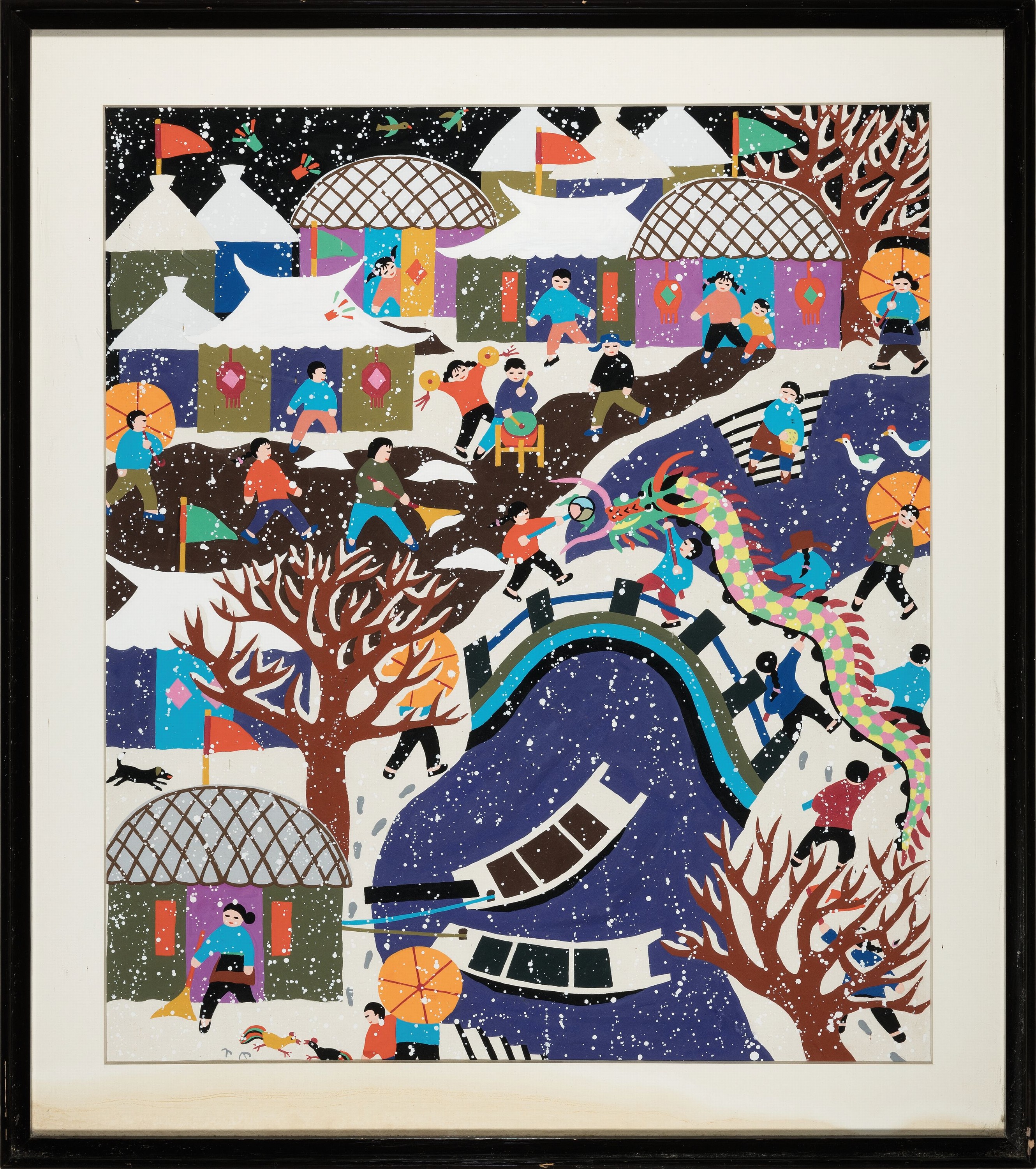 Detail k: Xu Xiaoxin, geb. 1956, naive chinesische Malerei, Aqzarekll/Tusche auf Papier, "Watching a Dragon Lantern on a New Years' Day", vor ...