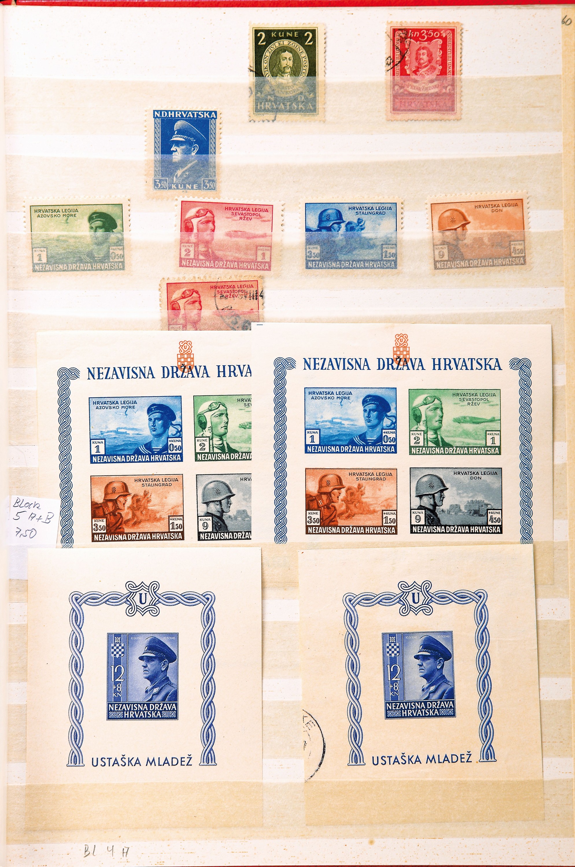 Briefmarkenalbum, Kroatien 1943 bis 1945, mit Blöcken gez. und geschnitten, Rumänien, Italien, Zaren, Österreich, Polen, Ungarn 1944-45, ...