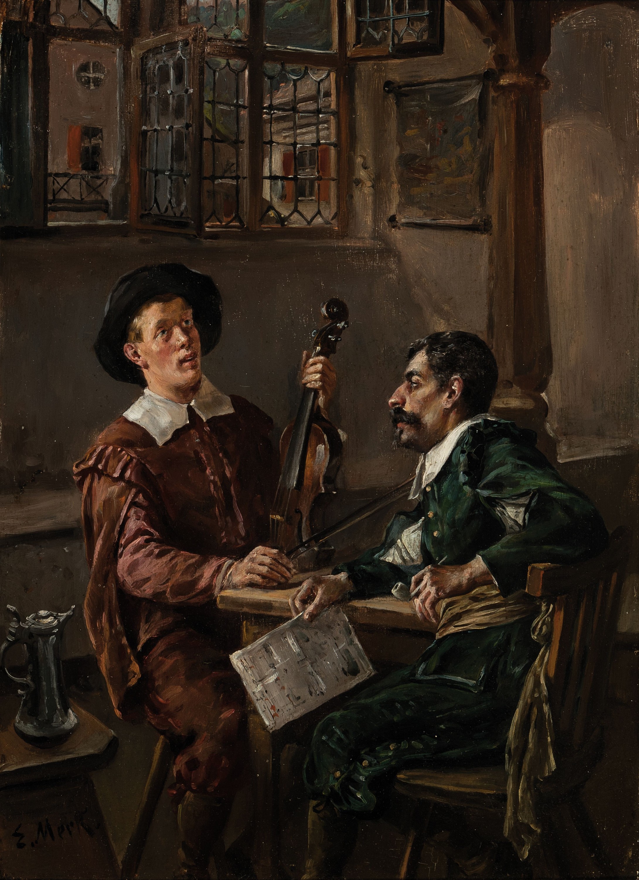 Eduard Merk, 1816-1888 München, zwei Männer mit Geige in einer Gaststube, Öl/Holz, links unten signiert, ca. 33x24cm, R. ca. 49x39cm
