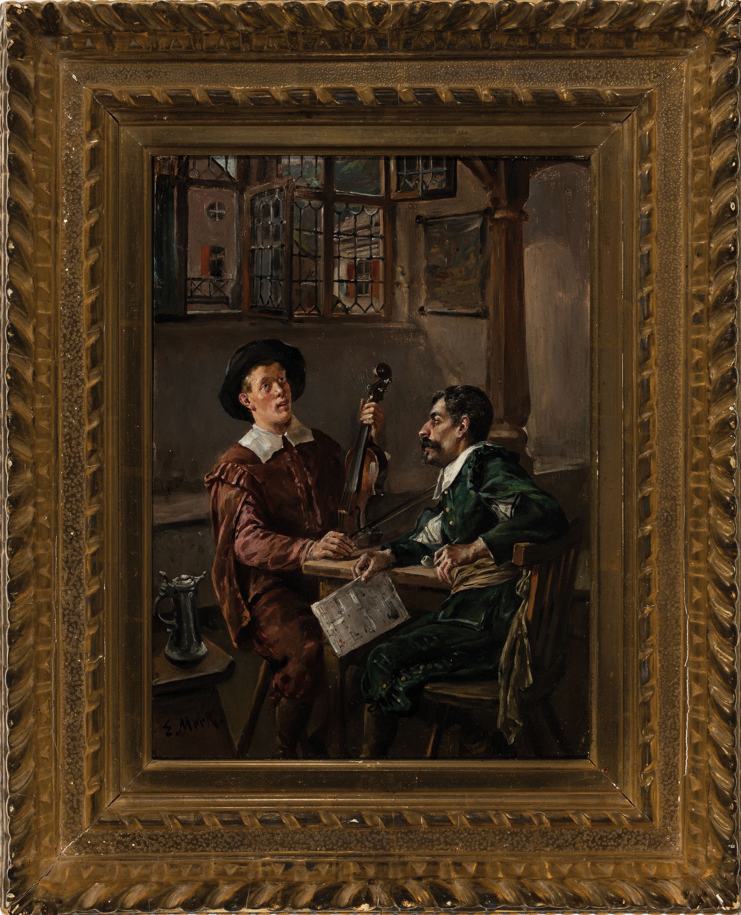 Detail k: Eduard Merk, 1816-1888 München, zwei Männer mit Geige in einer Gaststube, Öl/Holz, links unten signiert, ca. 33x24cm, R. ca. 49x39cm