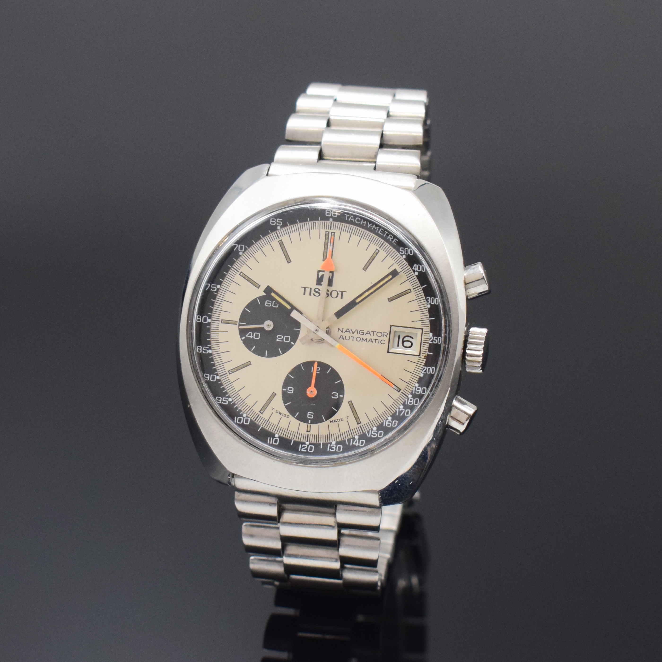 TISSOT Navigator Herrenarmbanduhr Referenz 45 501 mit Chronograph in Stahl, Schweiz um 1970, Automatik, 2-teil. Geh., Boden geschr., neutr. ...