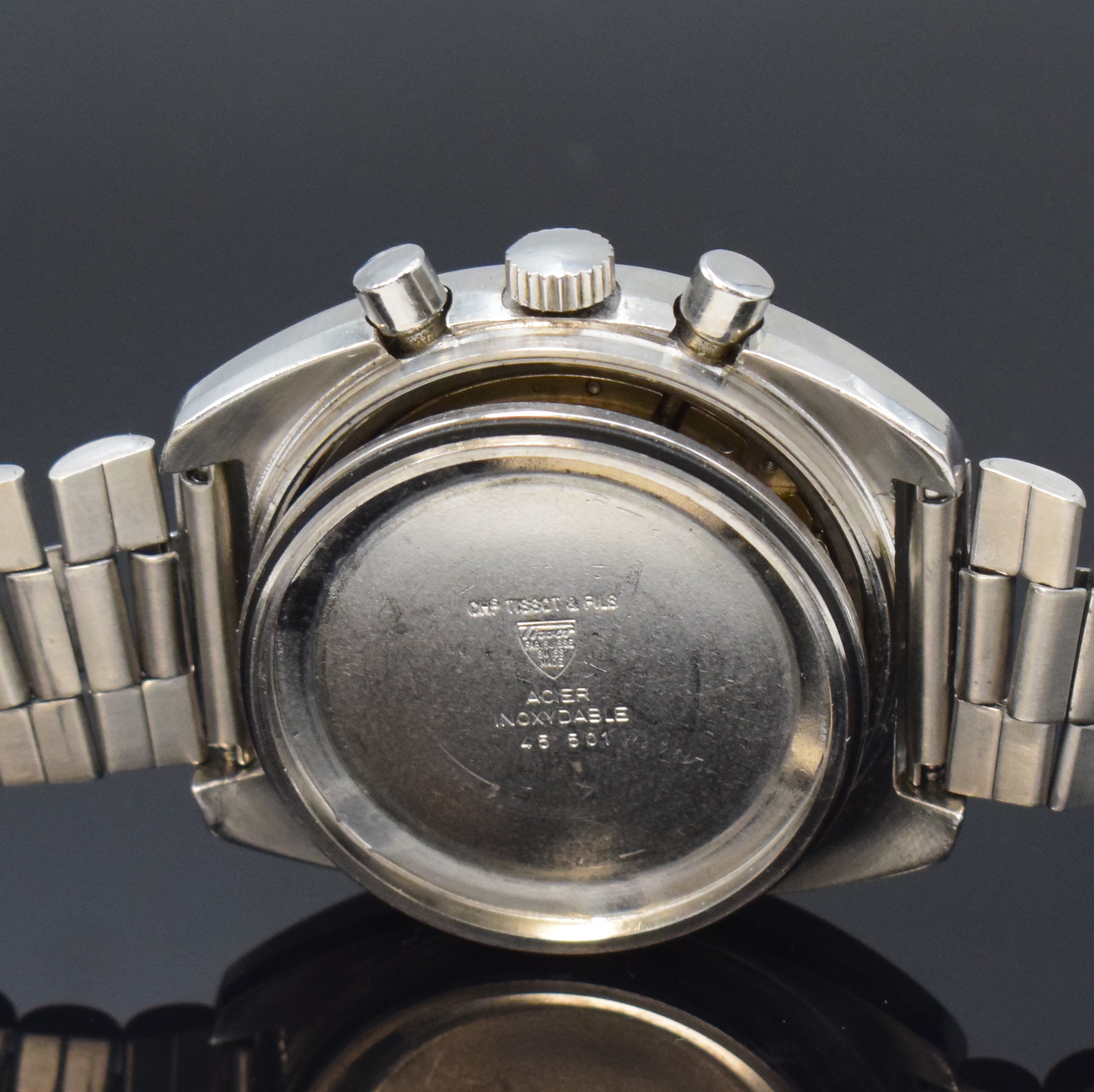 Detail e: TISSOT Navigator Herrenarmbanduhr Referenz 45 501 mit Chronograph in Stahl, Schweiz um 1970, Automatik, 2-teil. Geh., Boden geschr., neutr. ...