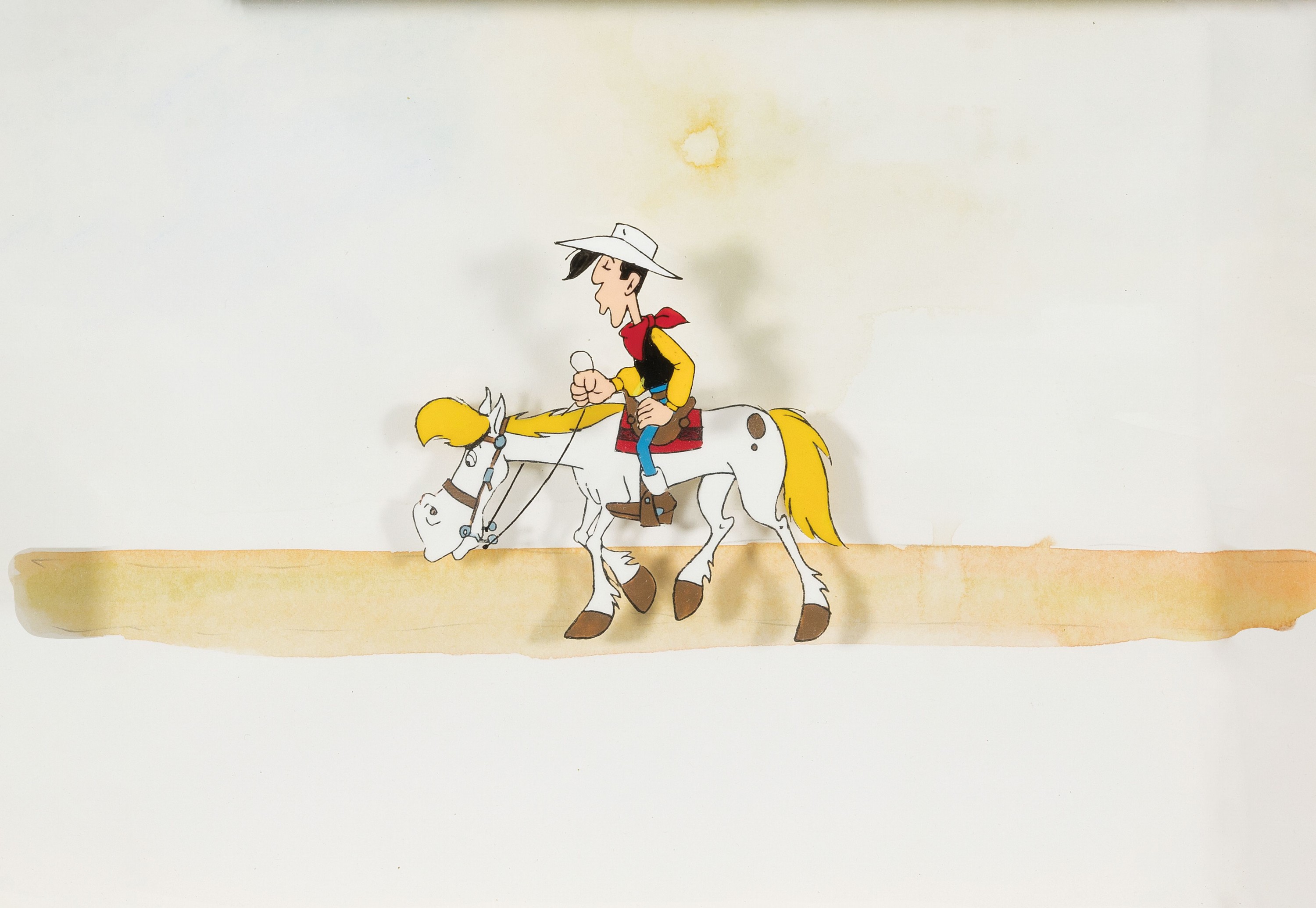 Lucky Luke, 2 Gouachen auf Folie für Trickfilm, reitend auf Jolly Jumper, 2 Folien übereinander montiert, dahinter angedeutete Wüstenlandschaft ...