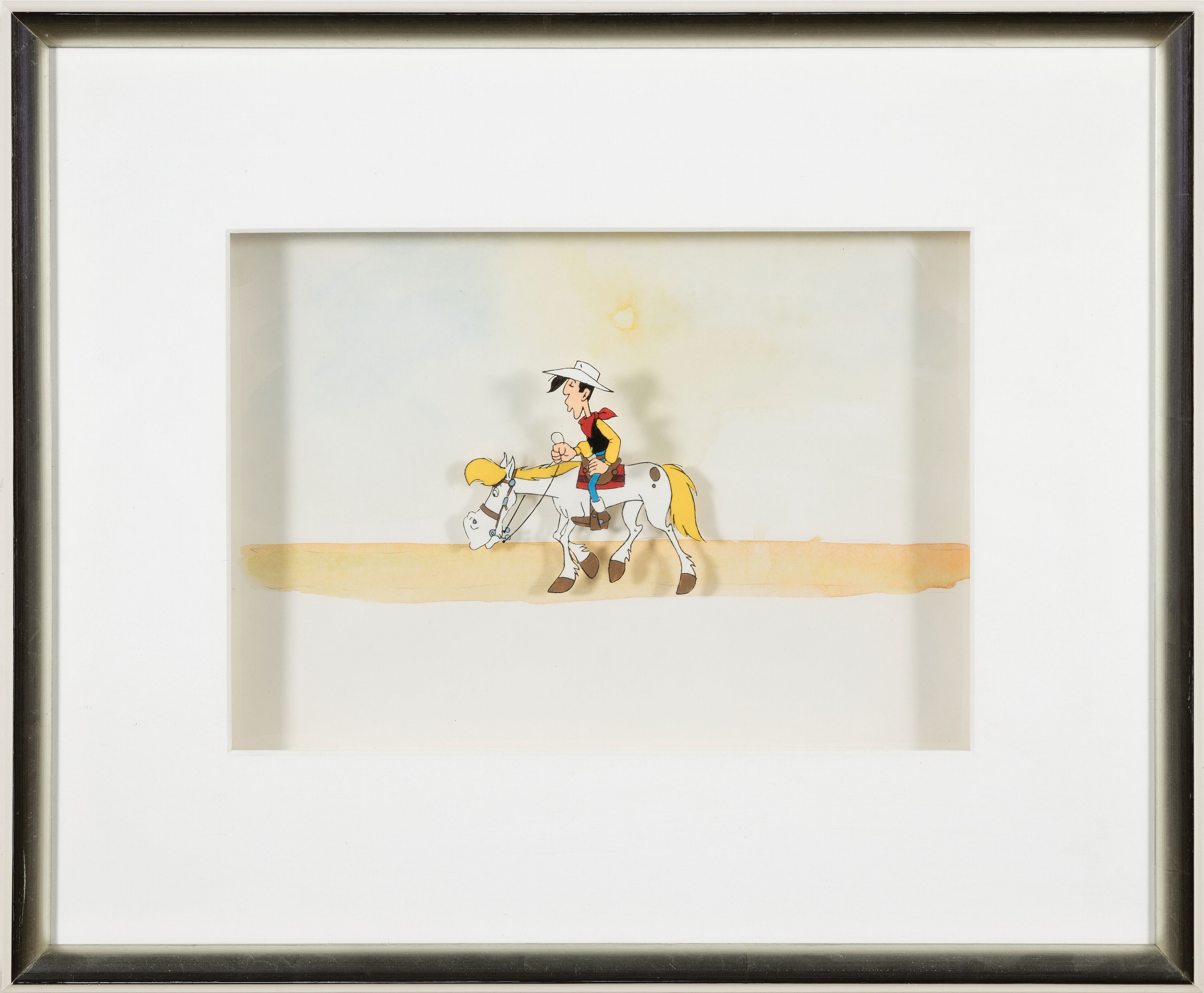 Detail k: Lucky Luke, 2 Gouachen auf Folie für Trickfilm, reitend auf Jolly Jumper, 2 Folien übereinander montiert, dahinter angedeutete Wüstenlandschaft ...