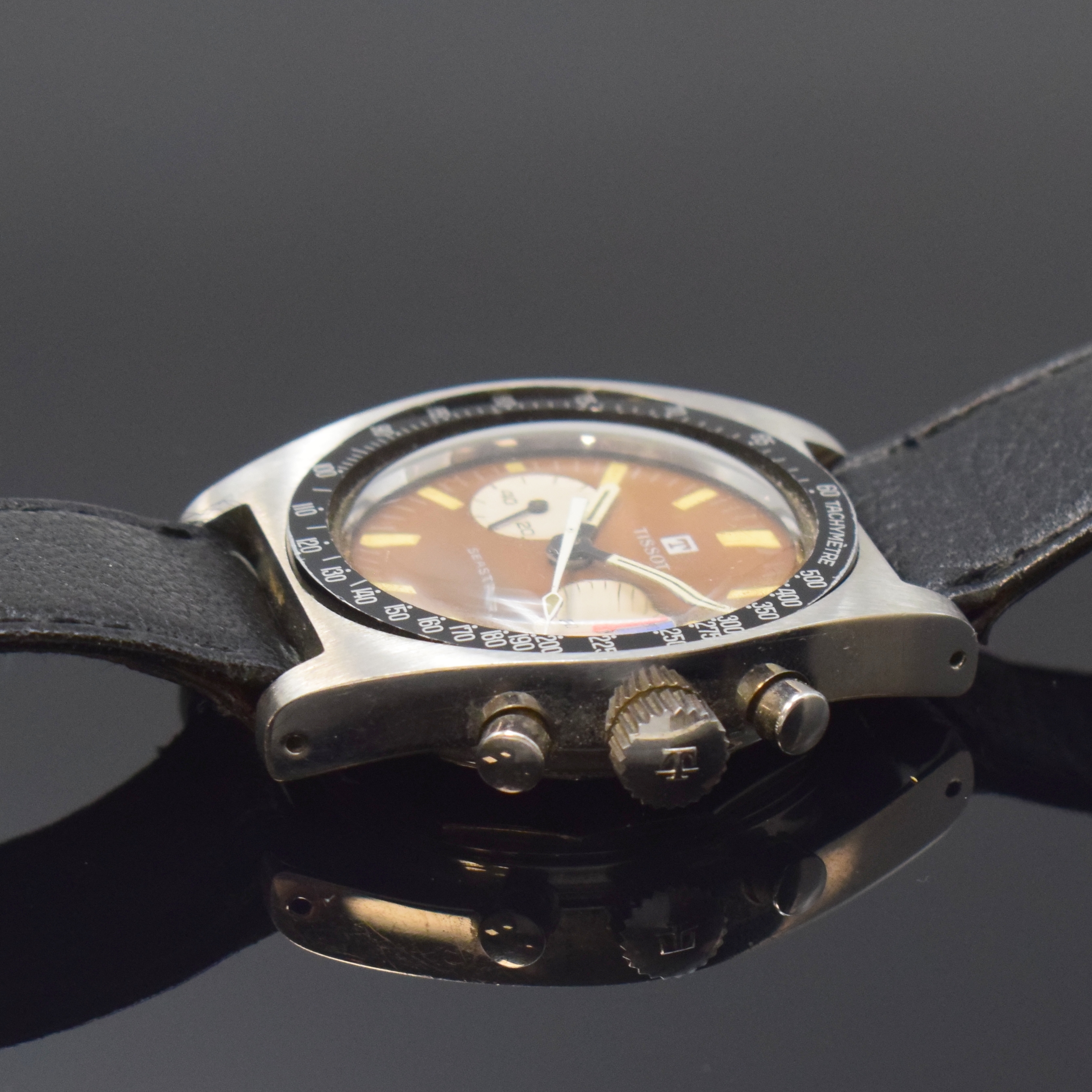 Detail b: TISSOT Seastar Herrenchronograph in Stahl, Schweiz um 1969, Handaufzug, orig. Tissot Lederband m. Dornschl., Lünette m. Tachymeterskala, schönes ...