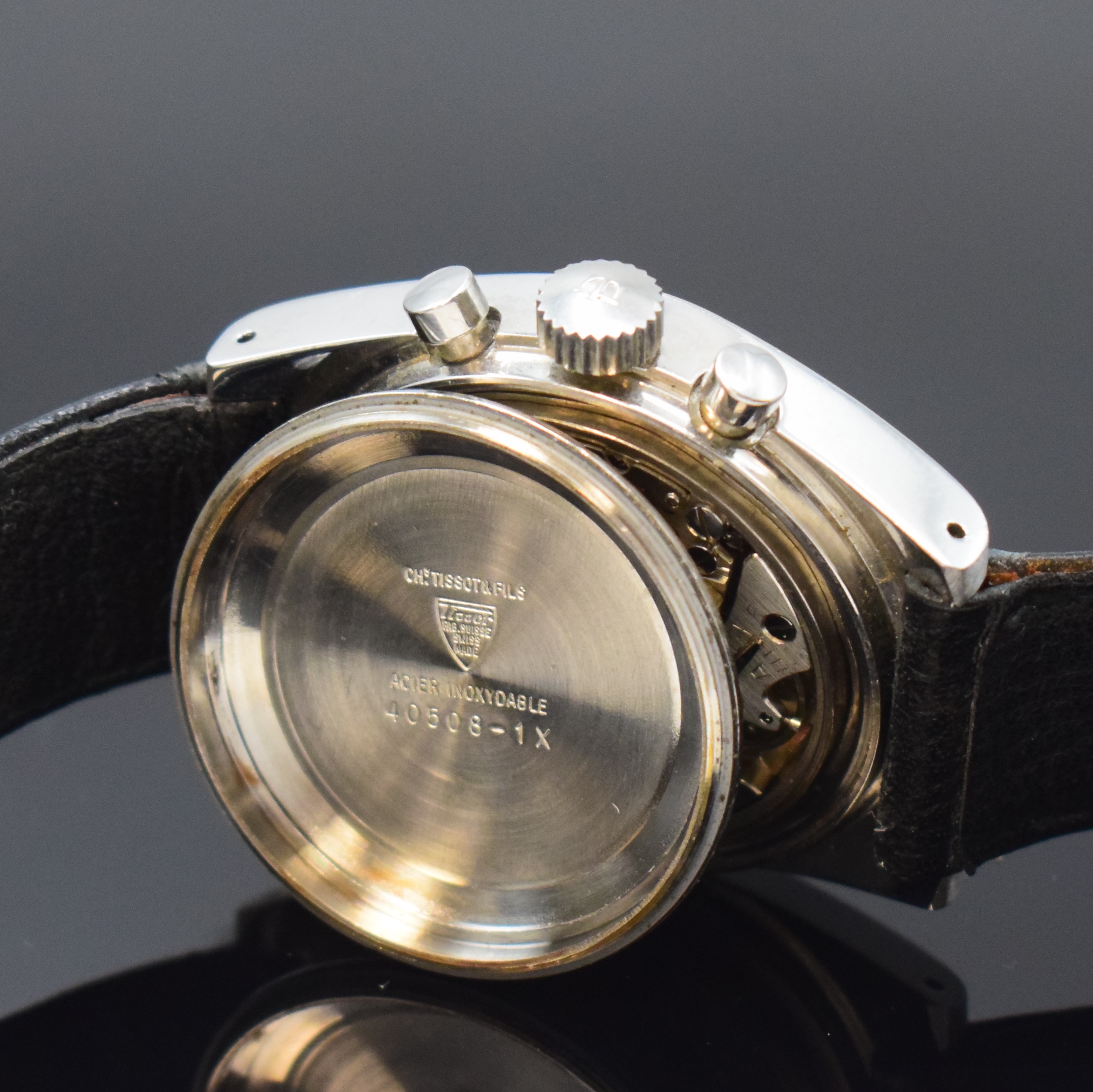Detail e: TISSOT Seastar Herrenchronograph in Stahl, Schweiz um 1969, Handaufzug, orig. Tissot Lederband m. Dornschl., Lünette m. Tachymeterskala, schönes ...