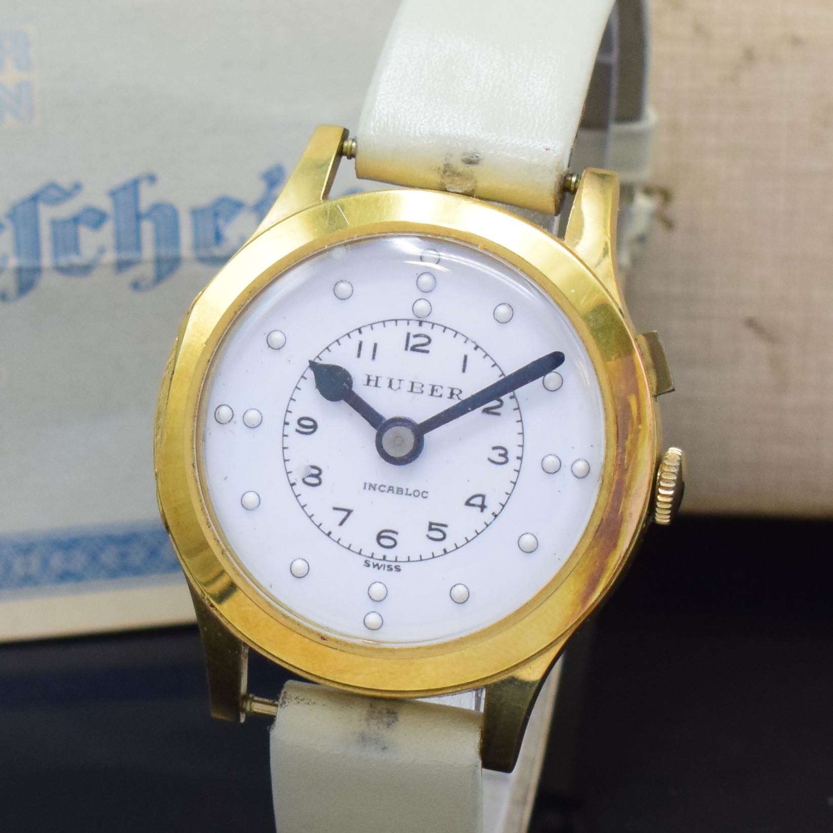 Detail a: HUBER Blindenuhr mit original Box, Schweiz, Handaufzug, verg. Geh. m. Sprungdeckel- Lünette, Stahlboden aufgedr., Emailzifferbl., arab. Zahlen u. ...