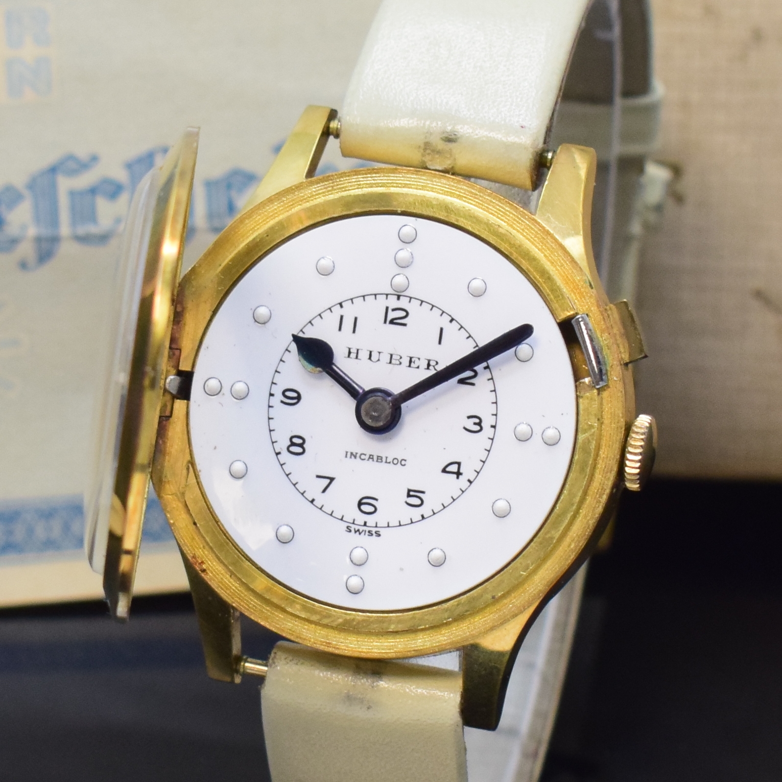 Detail b: HUBER Blindenuhr mit original Box, Schweiz, Handaufzug, verg. Geh. m. Sprungdeckel- Lünette, Stahlboden aufgedr., Emailzifferbl., arab. Zahlen u. ...