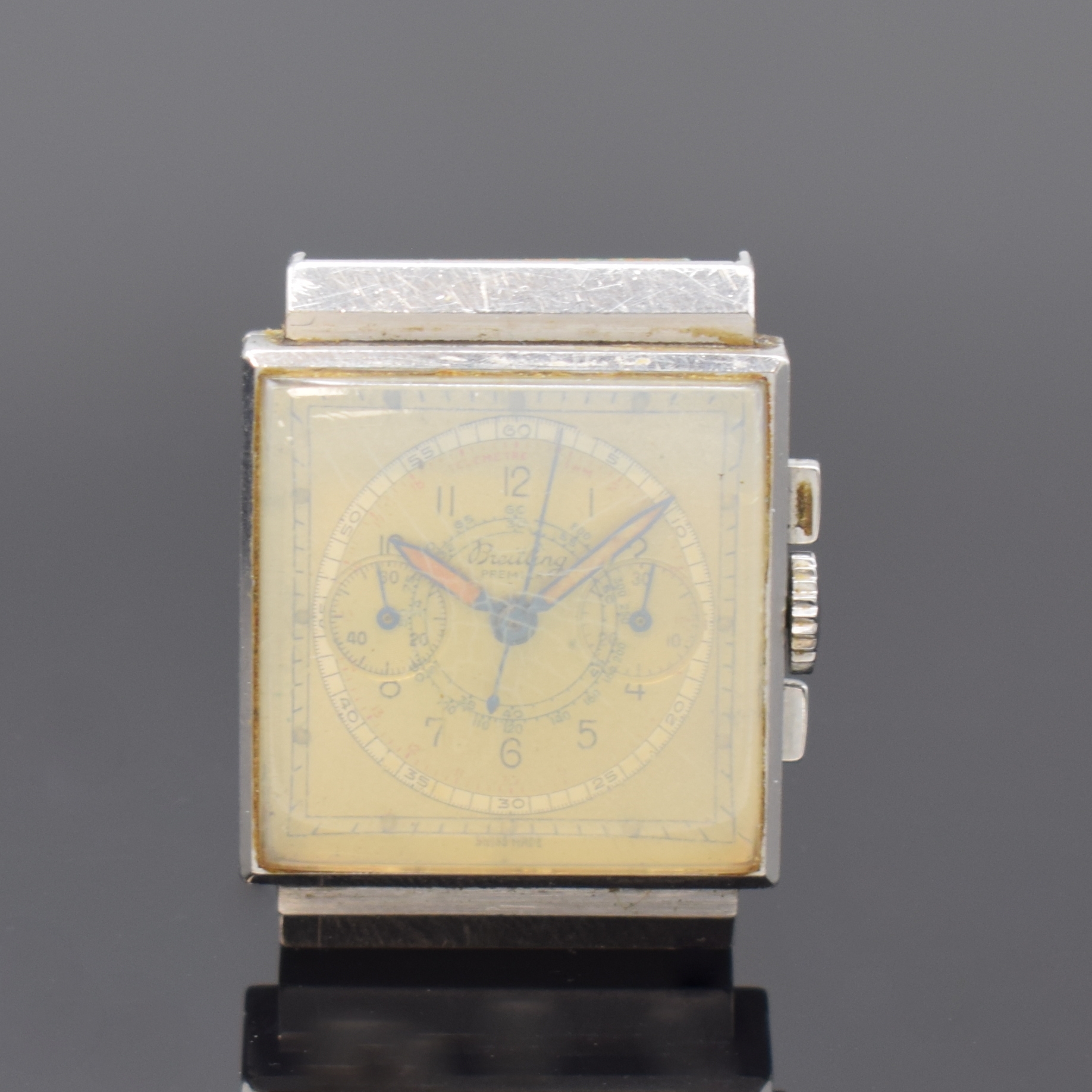 BREITLING quadratischer Chronograph in Stahl, Schweiz um 1945, Handaufzug, Werk nicht komplett, 2-tlg. Geh. m. verdeckten Anstößen, Boden ...