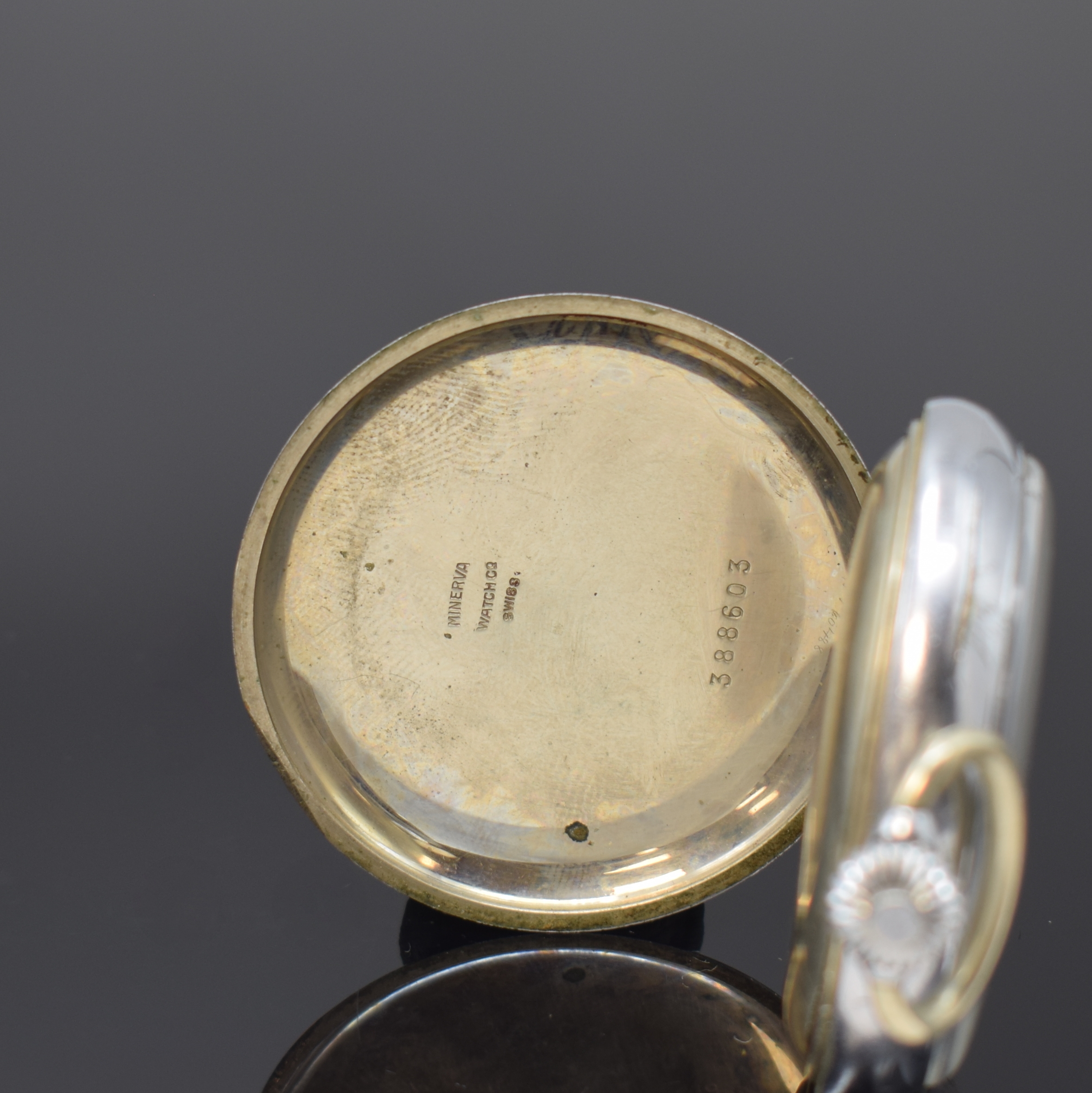 Detail b: MINERVA Taschenuhr mit Chronograph, Schweiz um 1935, verchr. Geh., Emailzifferbl. besch. m. Breguetzahlen, gebl. Breguetzeiger, versilb. ...