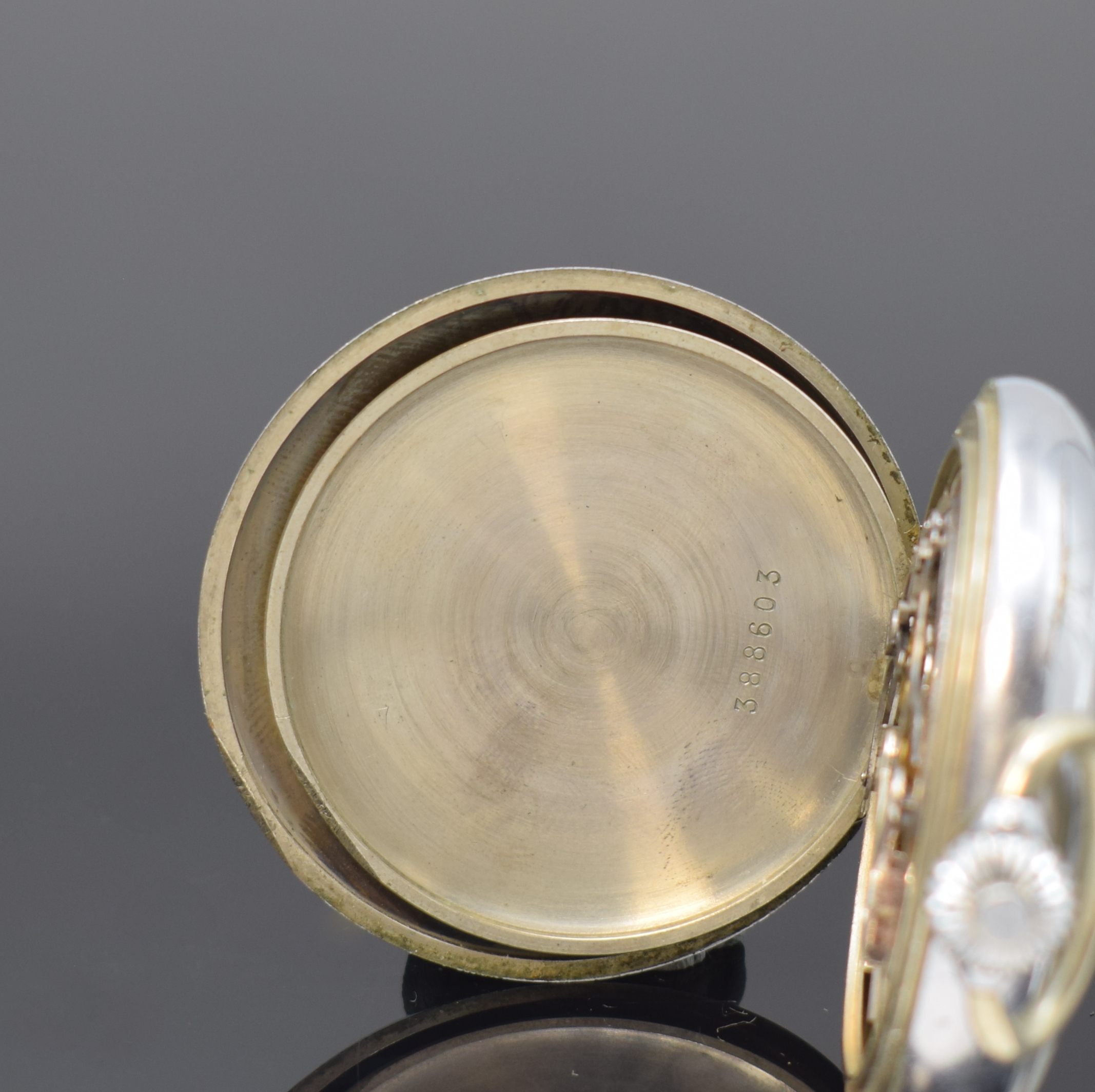 Detail d: MINERVA Taschenuhr mit Chronograph, Schweiz um 1935, verchr. Geh., Emailzifferbl. besch. m. Breguetzahlen, gebl. Breguetzeiger, versilb. ...