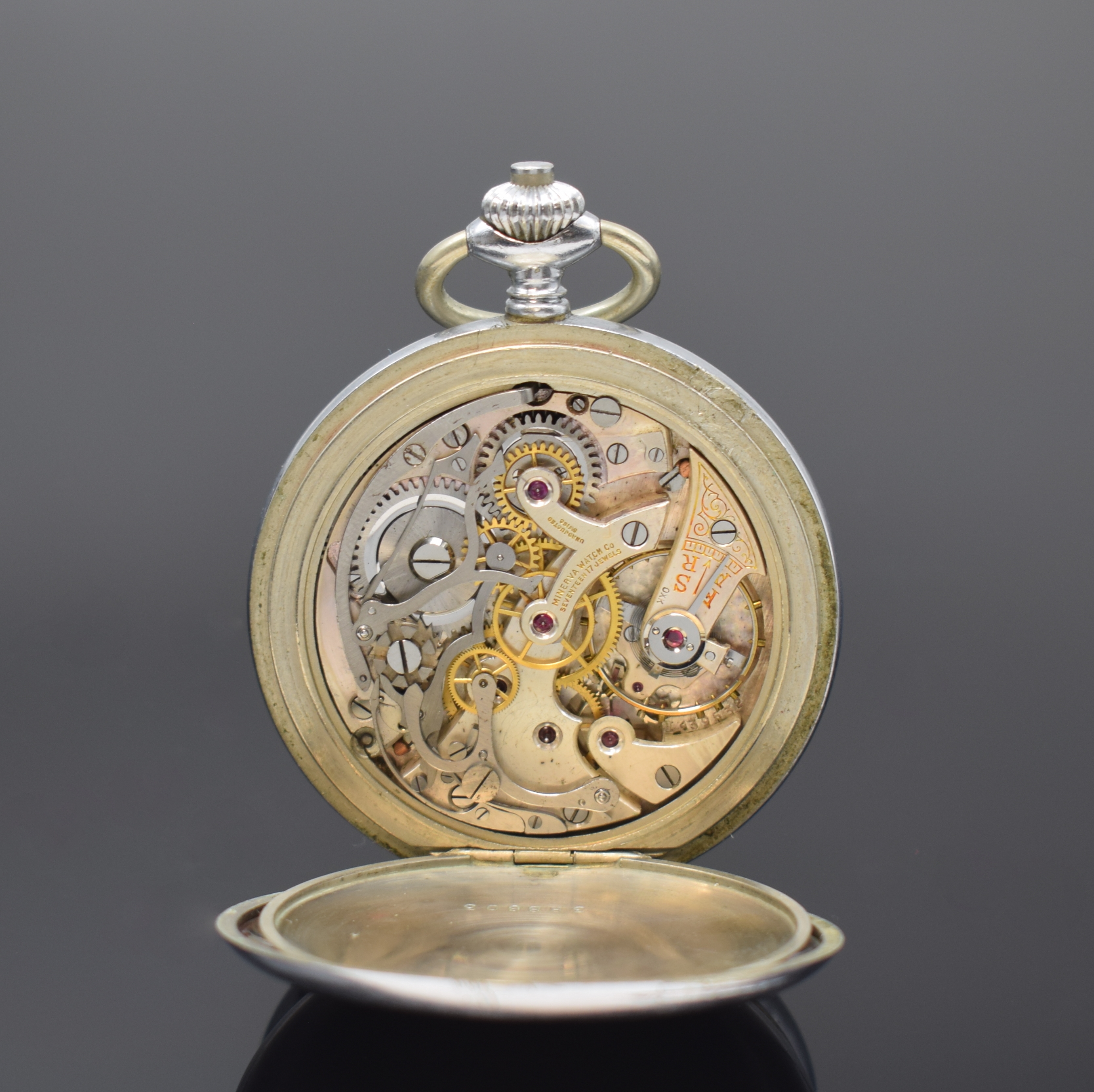 Detail e: MINERVA Taschenuhr mit Chronograph, Schweiz um 1935, verchr. Geh., Emailzifferbl. besch. m. Breguetzahlen, gebl. Breguetzeiger, versilb. ...