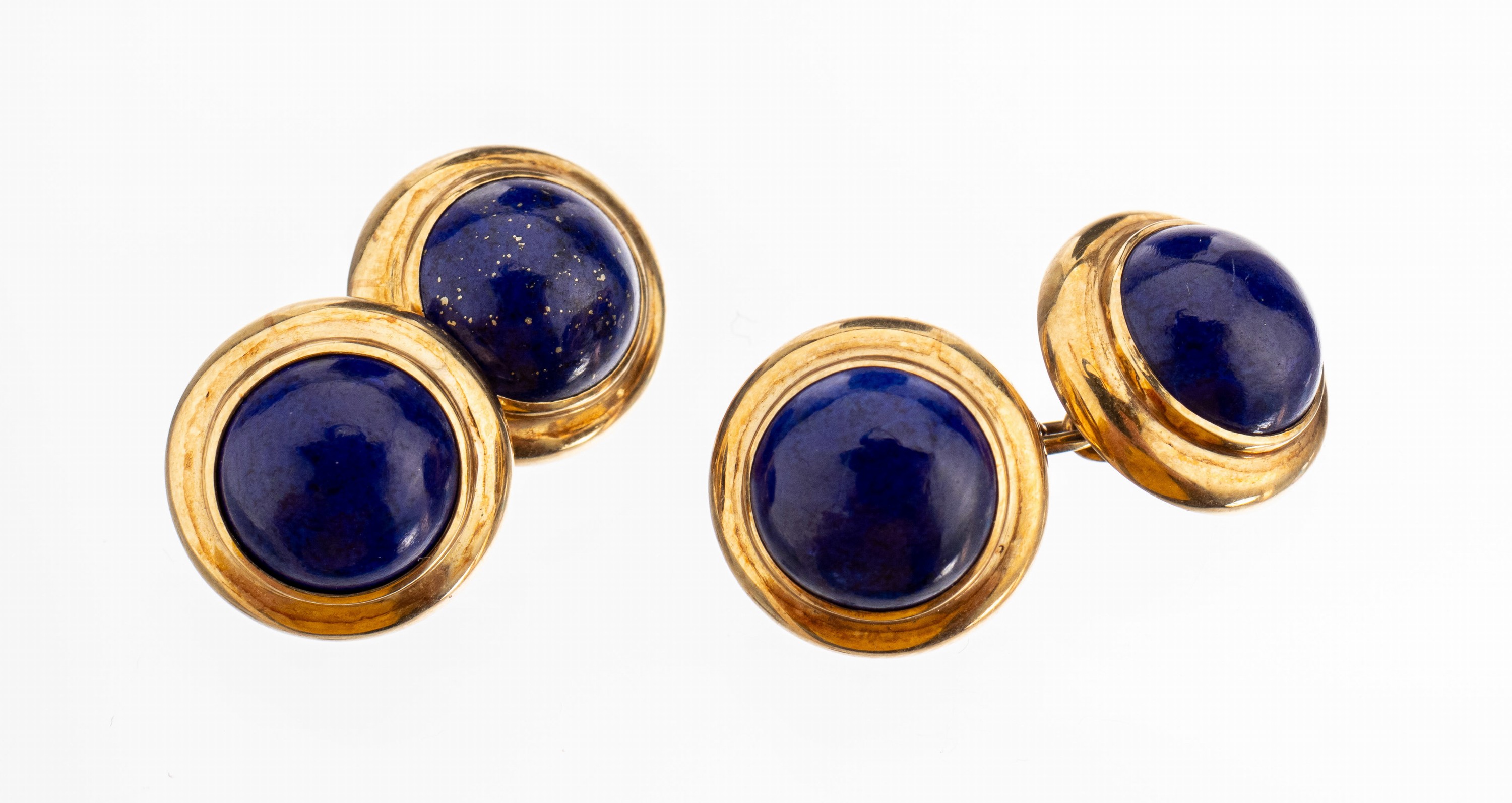 Paar 14 kt Gold Lapislazuli Manschettenknöpfe, GG 585/000, Fassung in mehreren Ebenen, mitrunden Lapislazulicabochon, ca. 15.5 g
