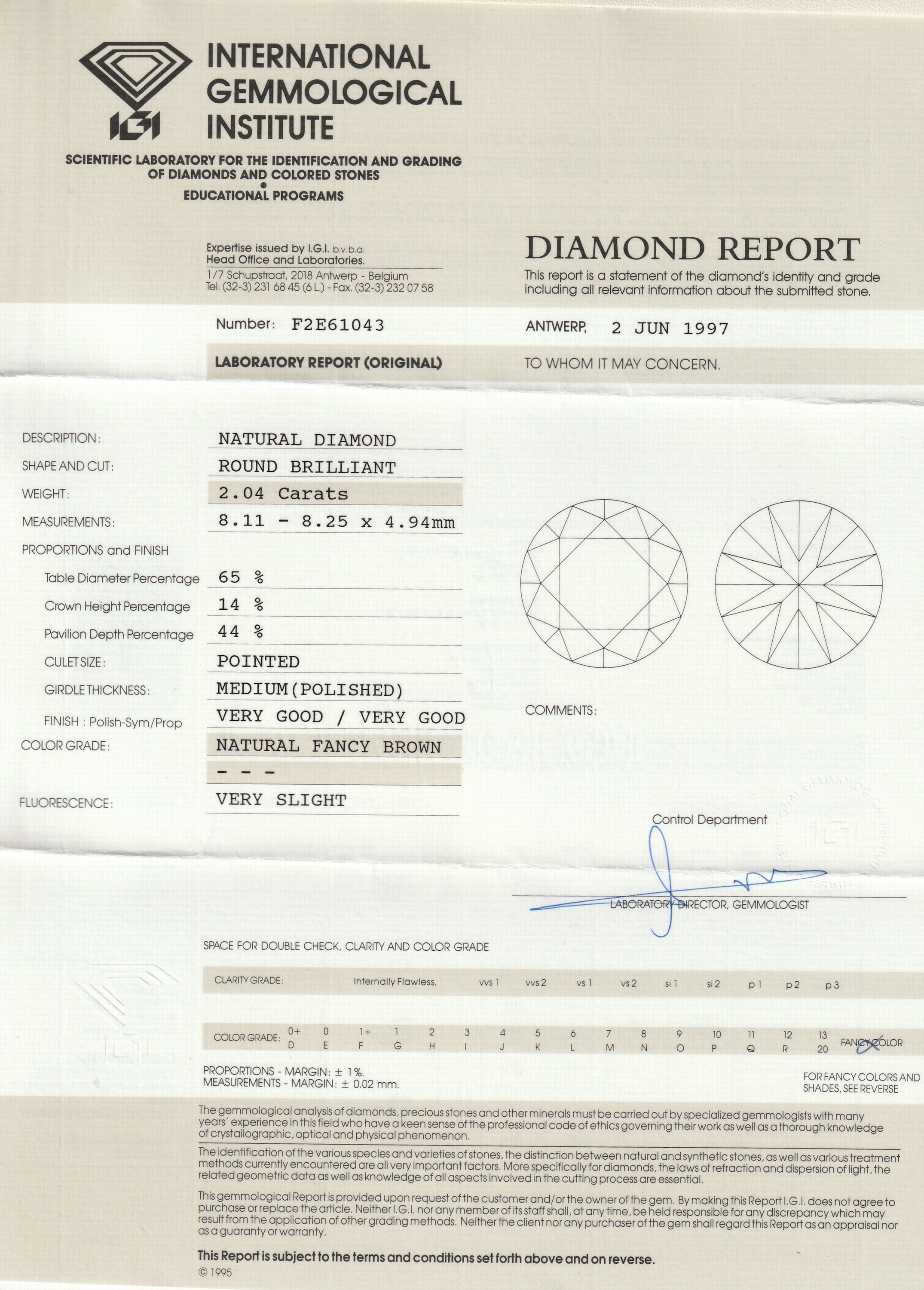 Detail a: 18 kt Gold Brillant-Anhänger, WG 750/000, gepr., Brillant 2.04 ct Natural Fancy Brown, IGI Expertise von 1997 anbei, an WG 585/000 Omegareif, L. ...