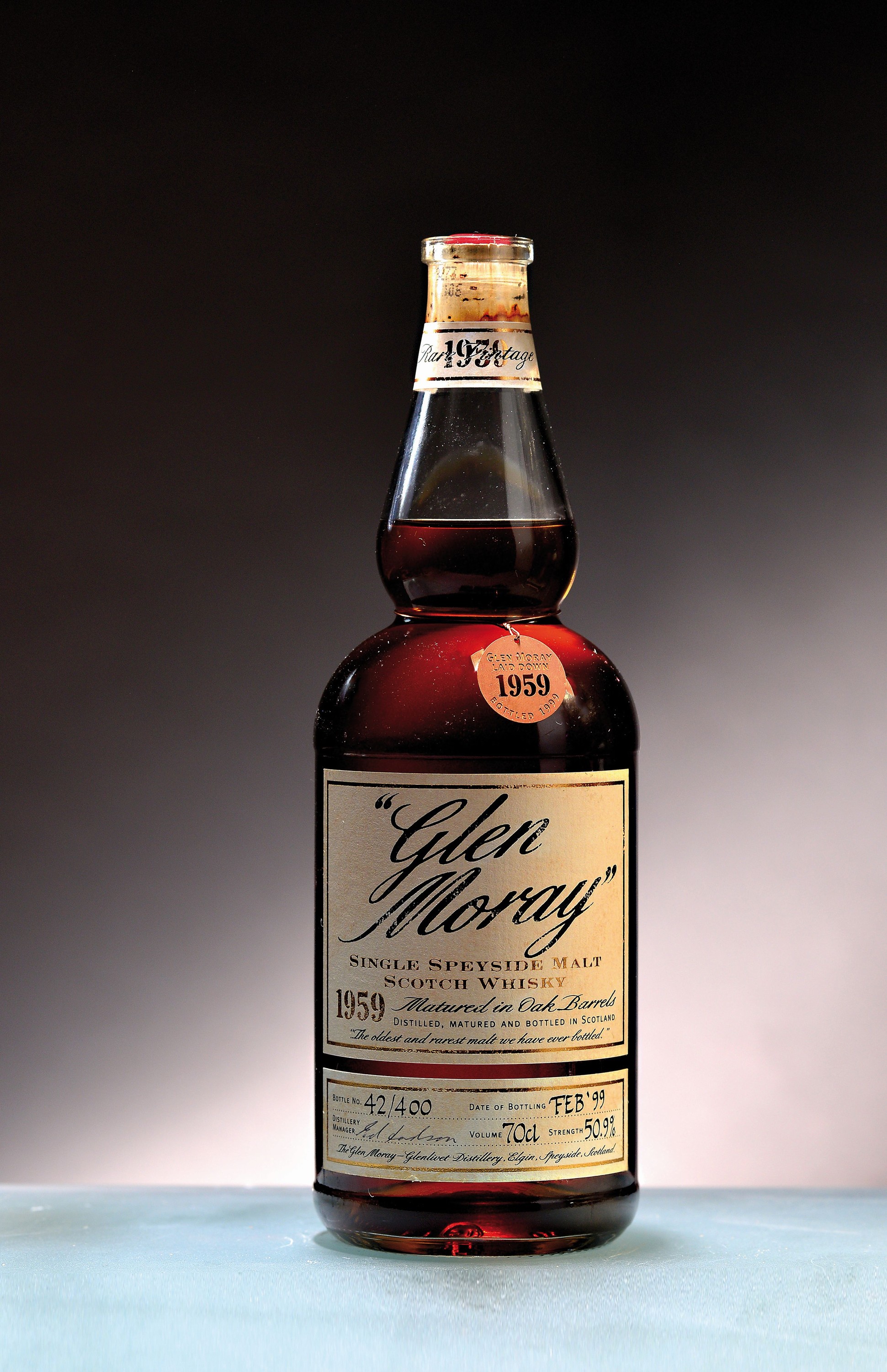 1 Flasche & 1x 5cl Sample 1959 Glen Moray RareVintage limited Edition, Single Speyside Malt, Flasche 42 von 400, abgefüllt Februar 1999, ca. 70cl, ...