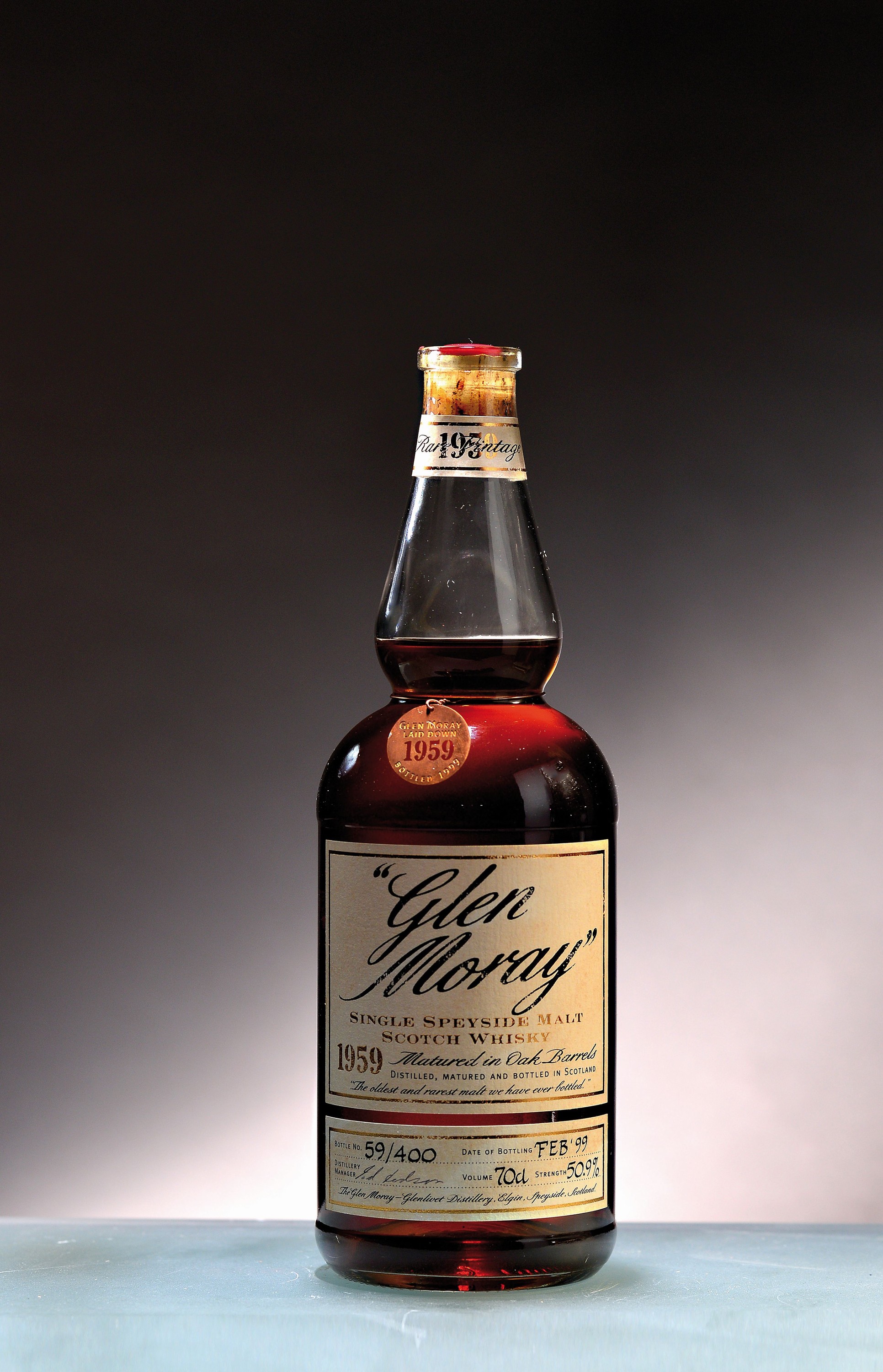 1 Flasche & 1x 5cl Sample 1959 Glen Moray RareVintage limited Edition, Single Speyside Malt, Flasche 59 von 400, abgefüllt Februar 1999, ca. 70cl, ...