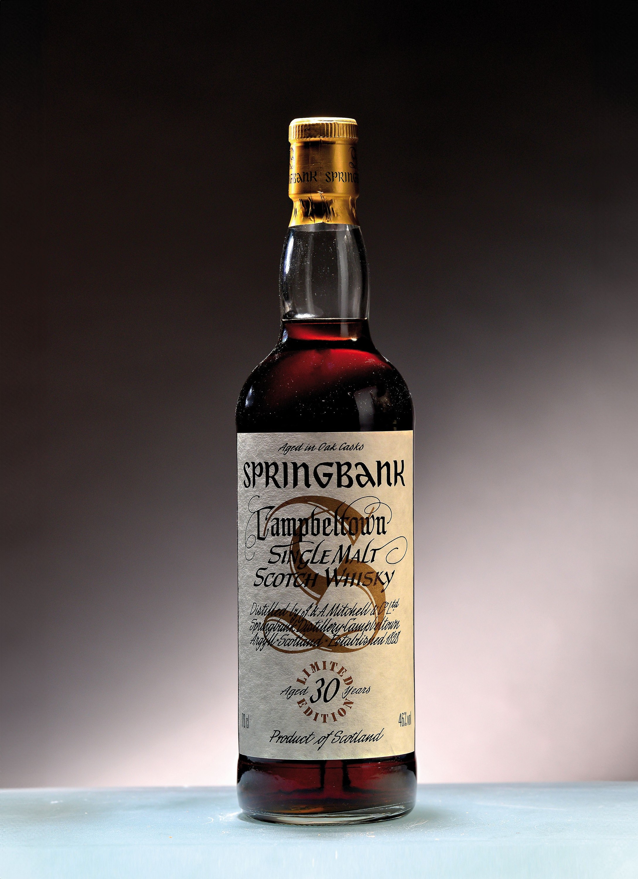 1 Flasche Springbank Campbeltown 25 Jahre alt,Limited Edition, Ausgabe September 1998, Single Malt, ca. 70cl, 46%Vol., High Fill, in orig. Holzkiste
