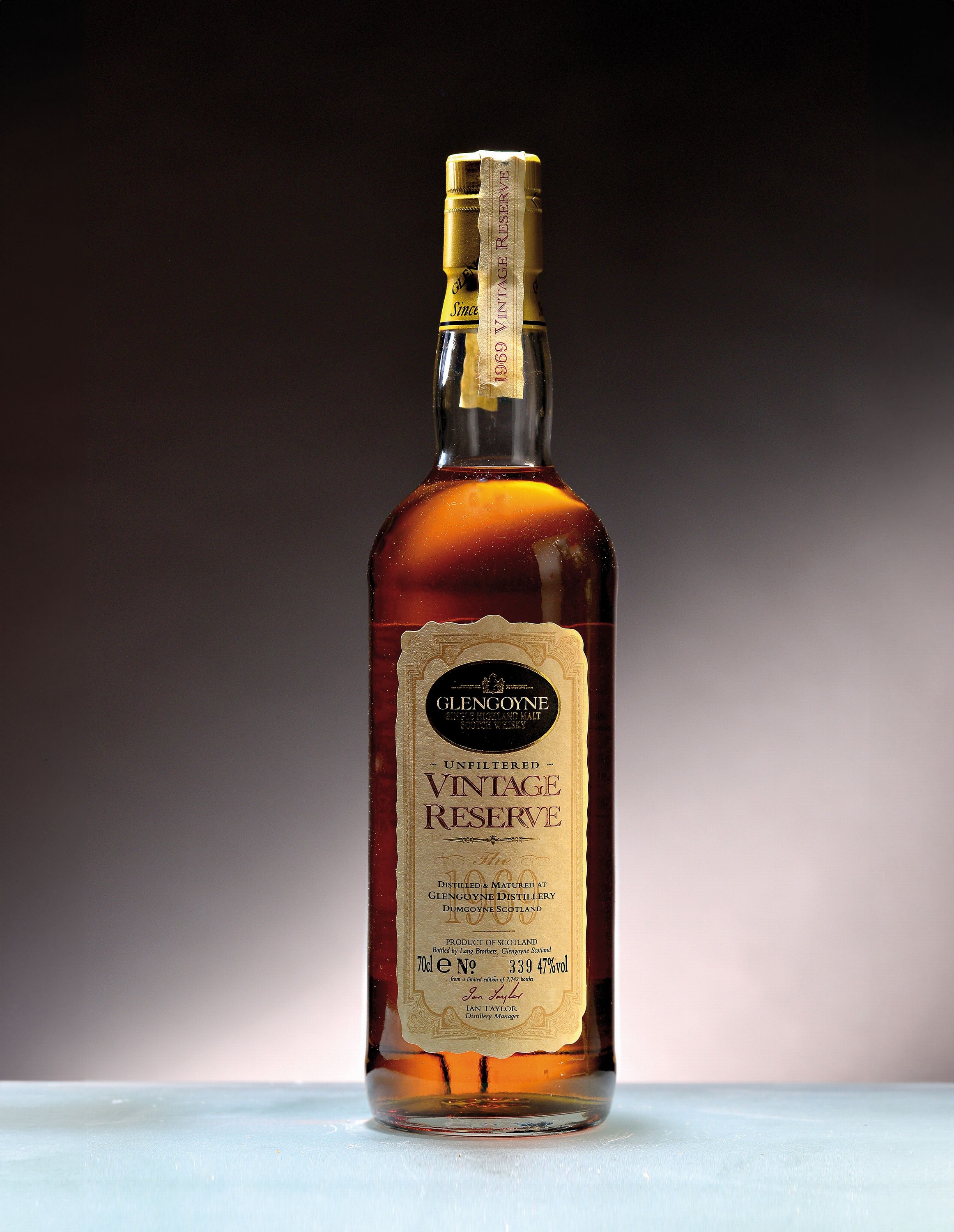 1 Flasche & 1x5cl Sample 1969 Glengoyne Vintage Reserve, Limited Edition No. 339 von2742 Flaschen, ca 70cl, 47%Vol., mit 5cl Sample in orig. ...