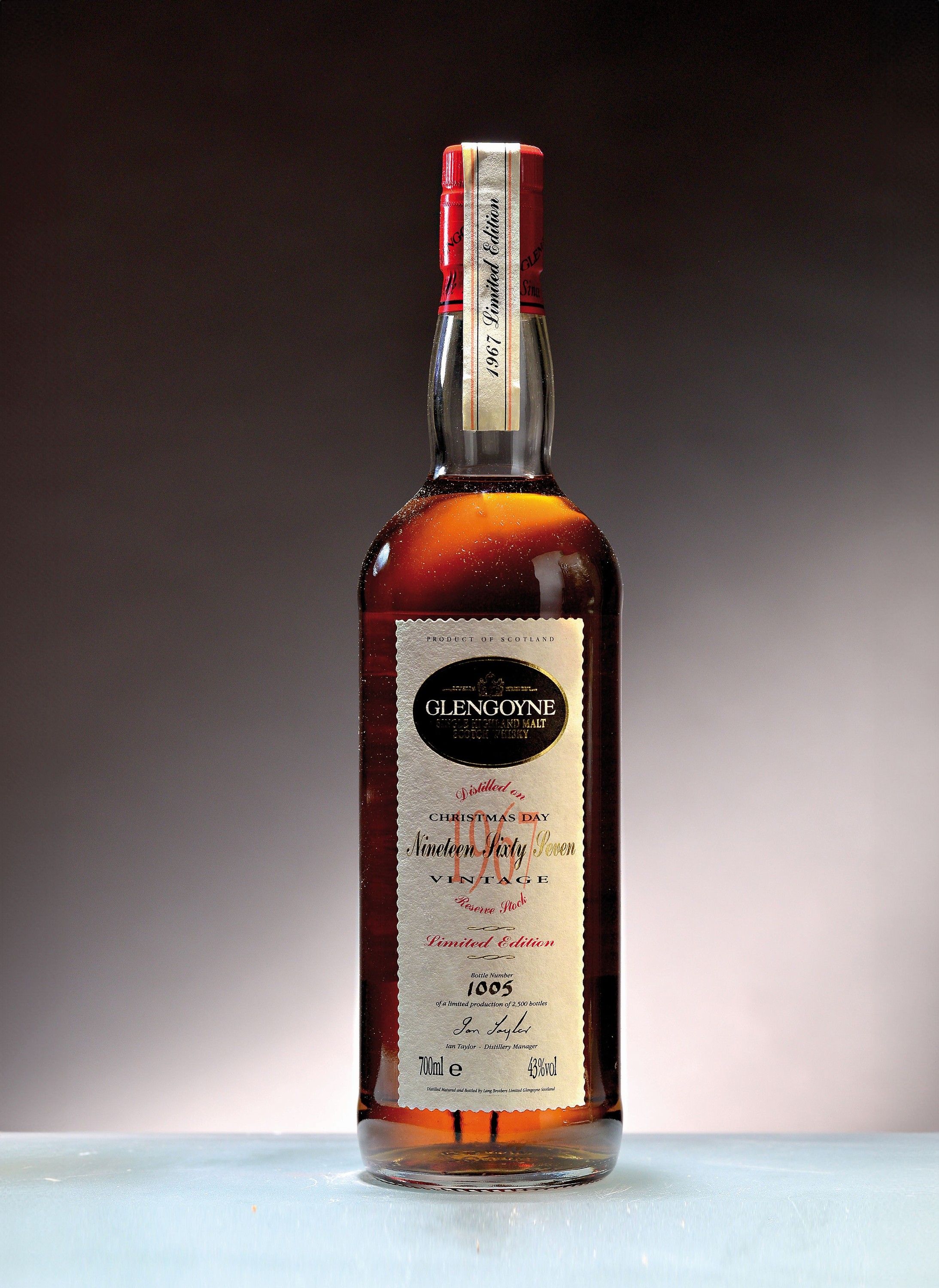 1 Flasche & 1x5cl Sample 1969 Glengoyne Vintage Reserve, Limited Edition No. 1005 von 2500 Flaschen, ca 70cl, 43%Vol., mit 5cl Sample in orig. ...