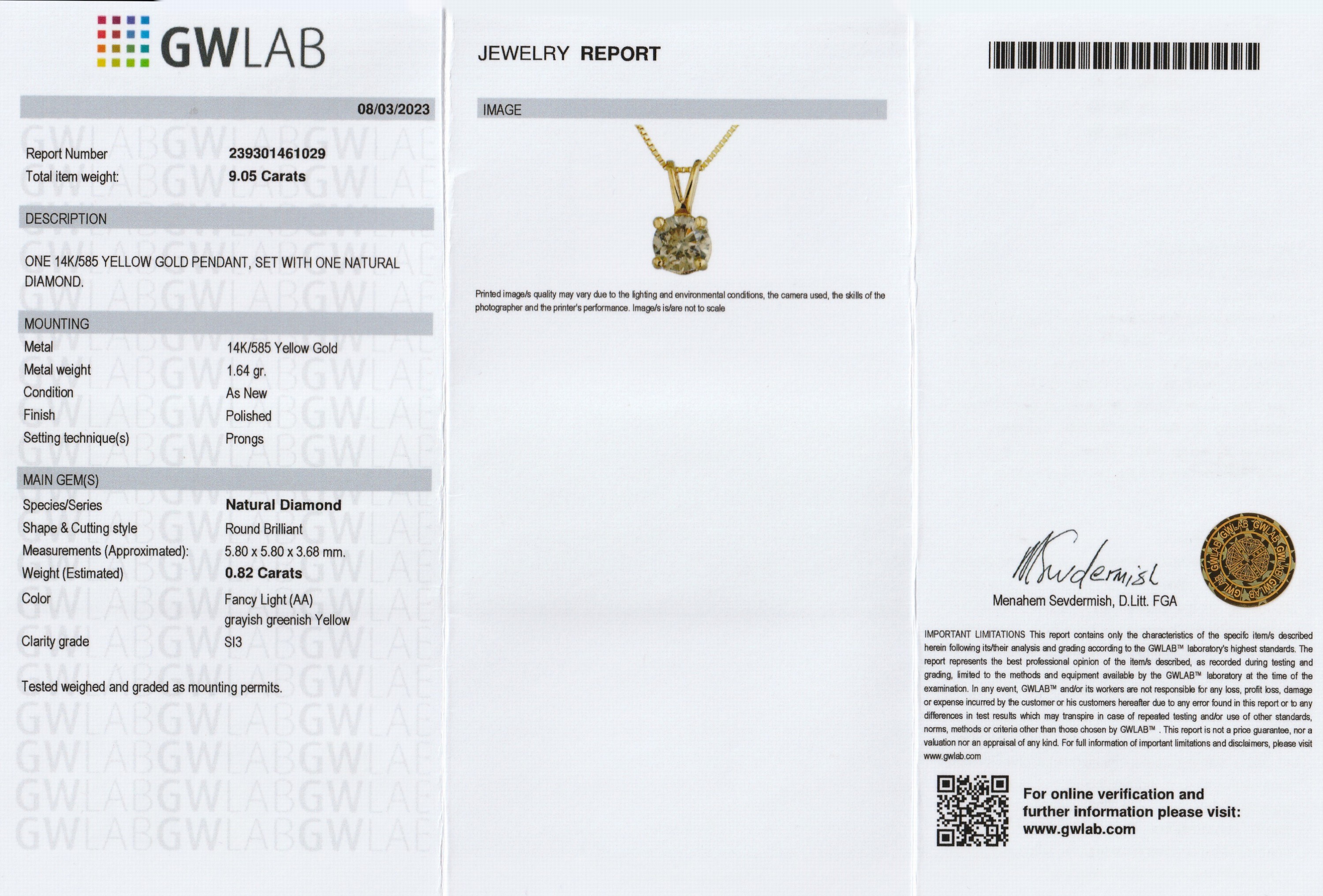 Detail a: 14 kt Gold Brillant-Anhänger, GG 585/000, Brillant ca. 0.82 ct Fancy Light/si3, (grayishgreenish Yellow), an Kette, L. ca. 42 cm, ...