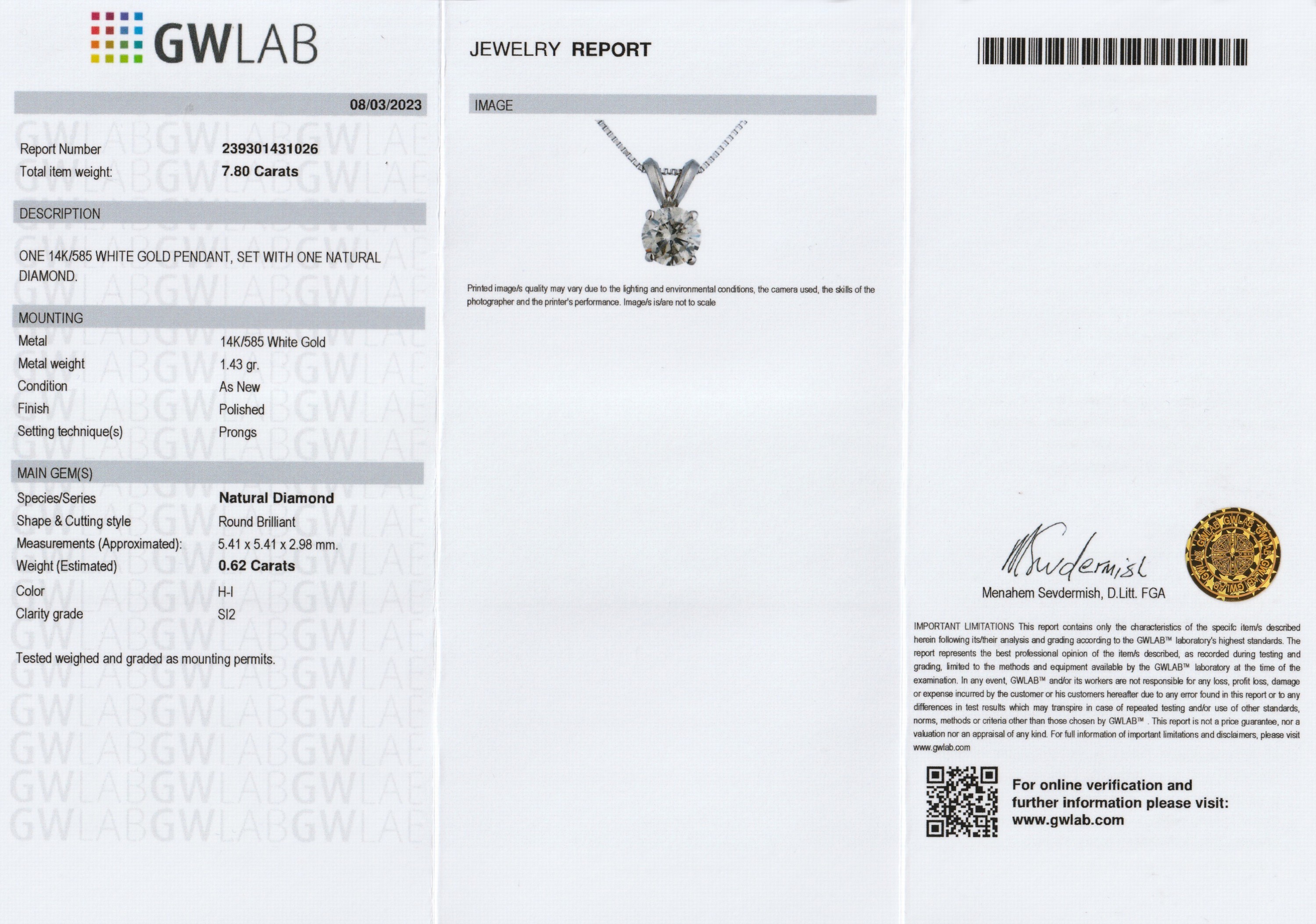 Detail a: 14 kt Gold Brillant-Anhänger, WG 585/000, Brillant ca. 0.62 ct Weiß-l.get.Weiß(H-I)/si2,an Kette, L. ca. 42 cm, Federringschließe, GWLAB ...