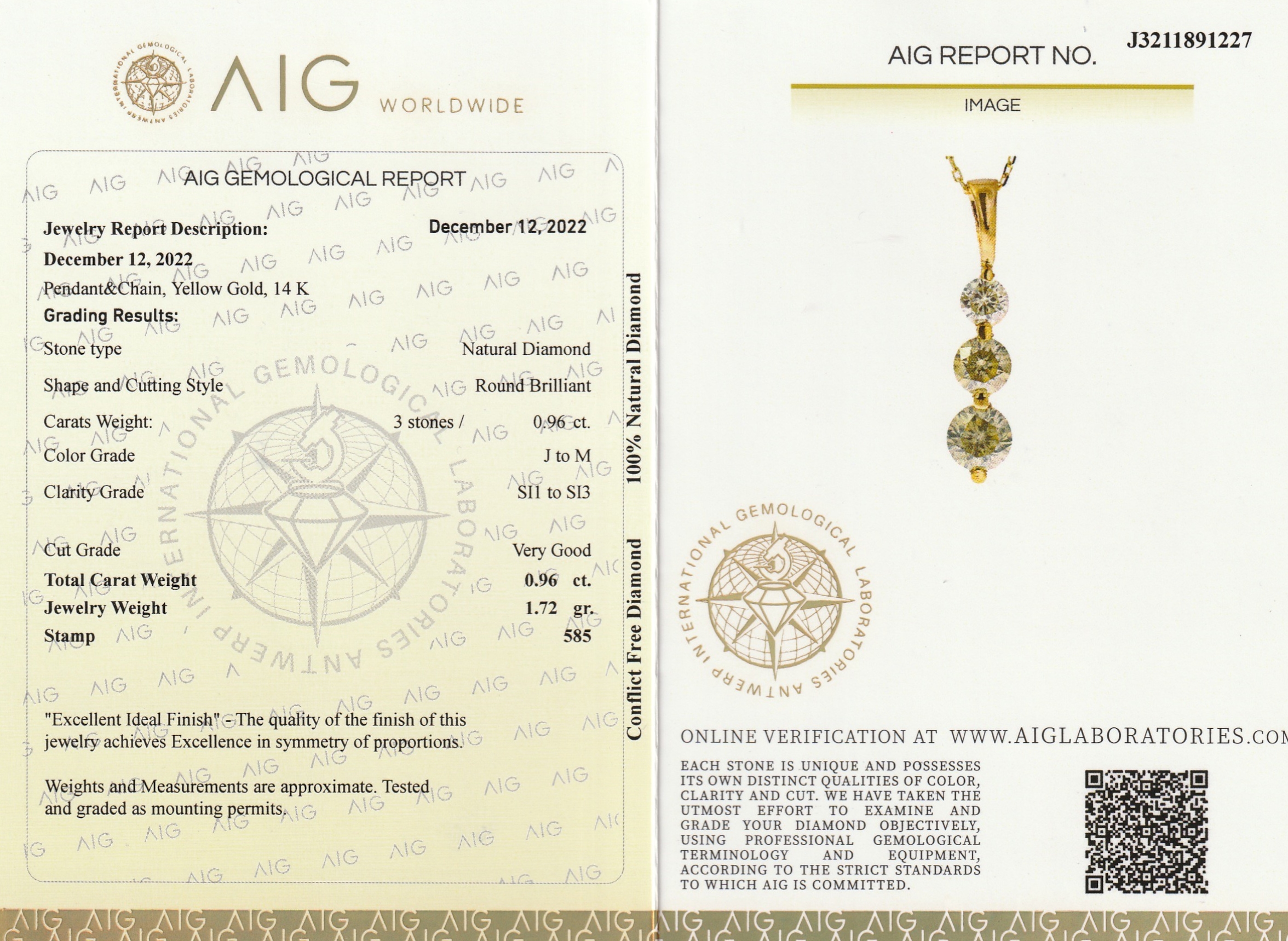 Detail a: 14 kt Gold Brillant-Anhänger, GG 585/000, 3 Brillanten ca. 0.96 ct get.Weiß-get.(J-M)/ p1-3, an Kette, L. ca. 42 cm, Federring- schließe, AIG ...