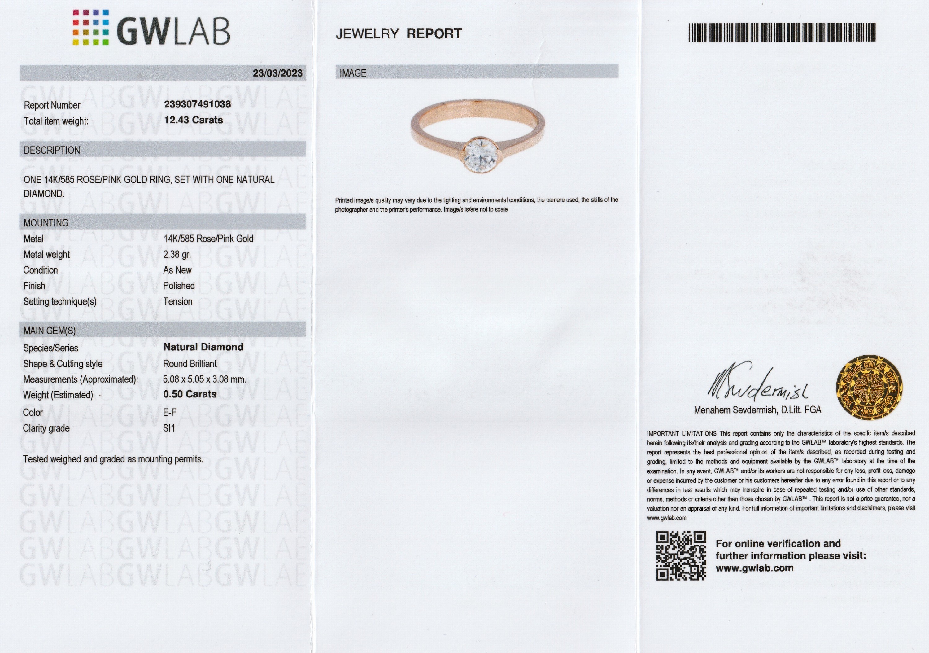 Detail a: 14 kt Gold Brillant-Ring, RoseG 585/000, Brillant ca. 0.50 ct hochfeines Weiß-feines Weiß(E-F)/si, RW 54, GWLAB Expertise anbei, ca. 2.5 g