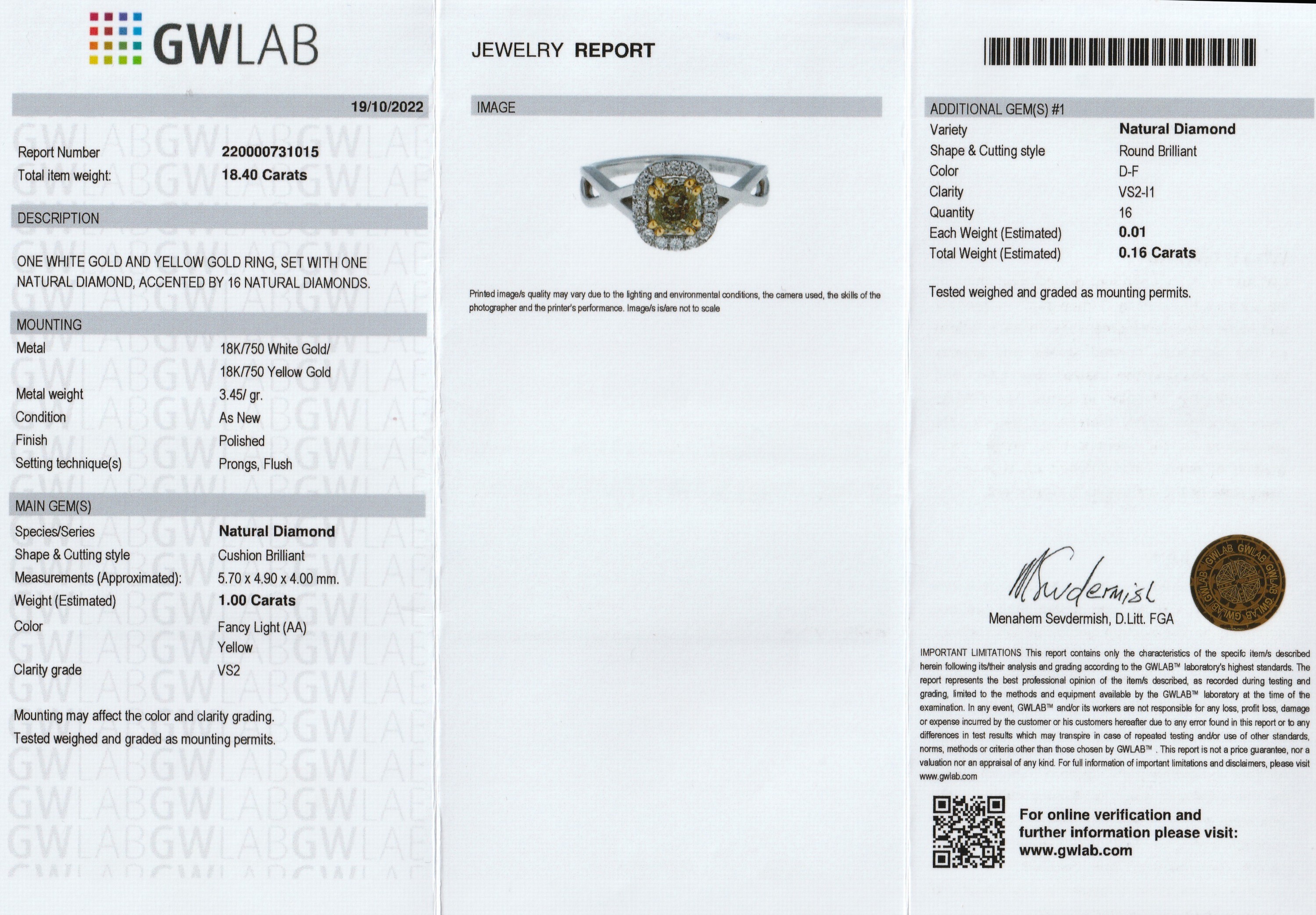 Detail a: 18 kt Gold Diamant-Ring, WG 750/000, Diamant im Kissenschliff ca. 1.00 ct Fancy Light Yellow/vs2, umgeben von 16 Brillanten zus. ca. 0.16 ct ...