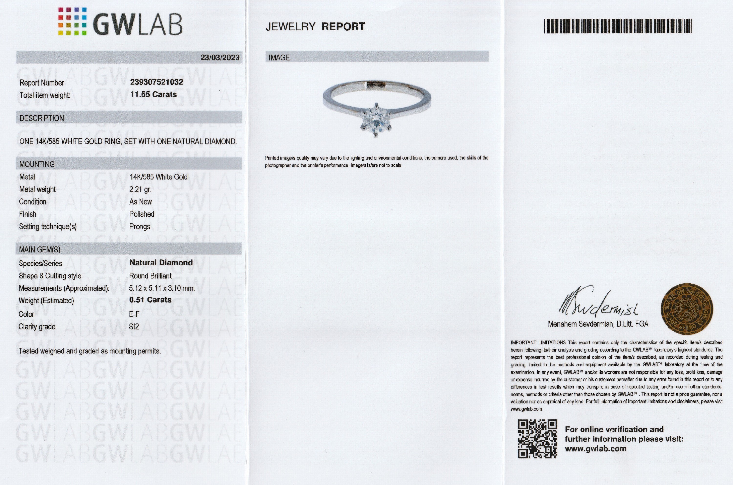 Detail a: 14 kt Gold Brillant-Ring, WG 585/000, Brillant ca. 0.51 ct hochfeines Weiß-feines Weiß(E-F)/si2, RW 56, ca. 2.3 g, GWLAB Expertise anbei