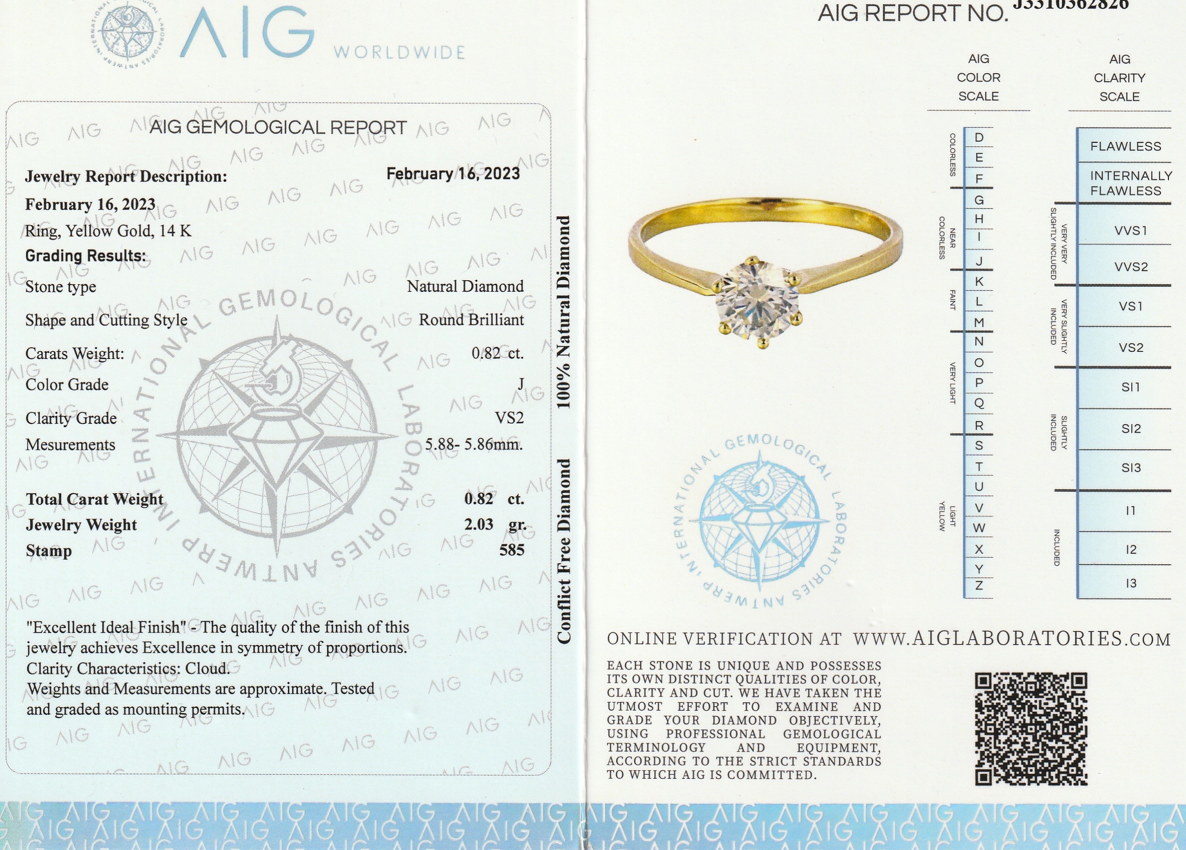 Detail a: 14 kt Gold Brillant-Ring, GG 585/000, Brillant ca. 0.82 ct l.get.Weiß(J)/vs2, RW 57,ca. 2 g, AIG Expertise anbei