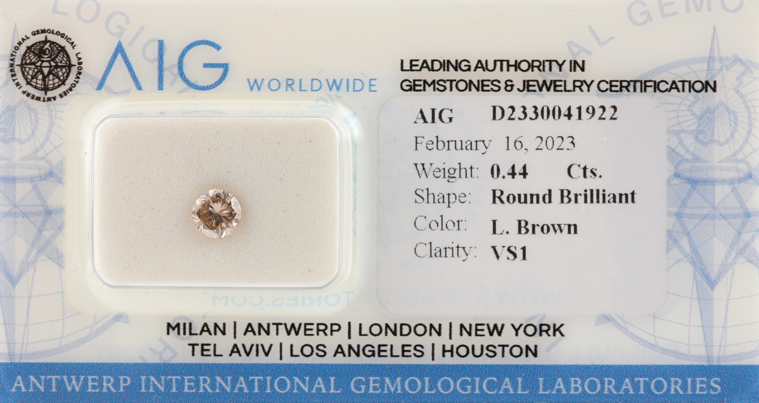 Loser Brillant, 0.44 ct l.Brown/vs1, verschweißt, AIG Expertise