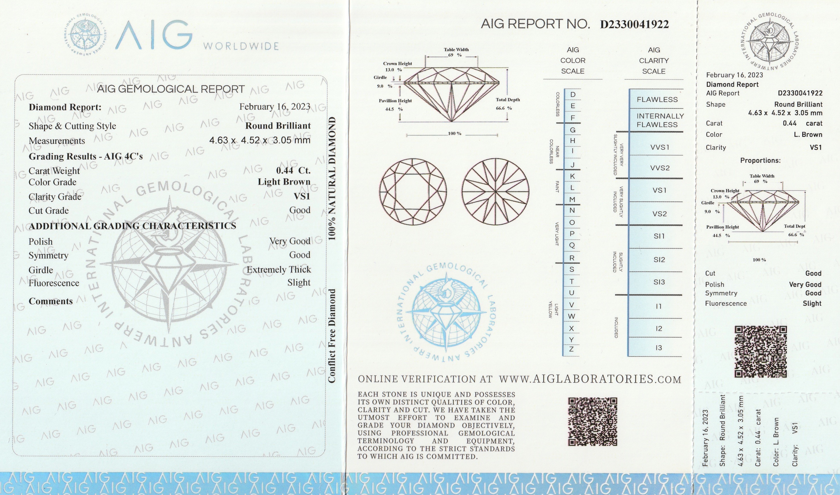 Detail a: Loser Brillant, 0.44 ct l.Brown/vs1, verschweißt, AIG Expertise