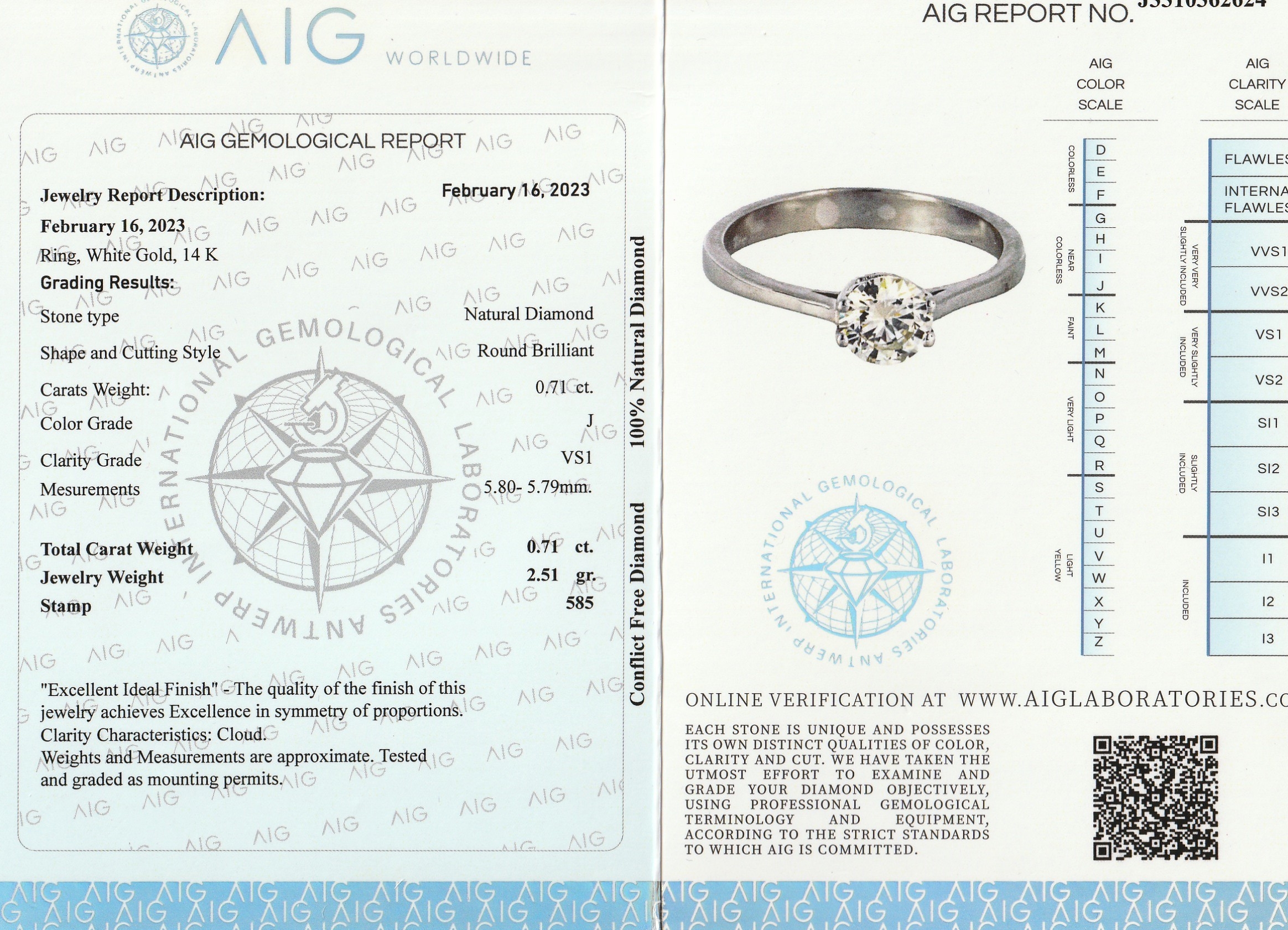 Detail a: 14 kt Gold Brillant-Ring, WG 585/000, Brillant ca. 0.71 ct l.get.Weiß(J)/vs, RW 56, ca. 2.5 g, AIG Expertise anbei