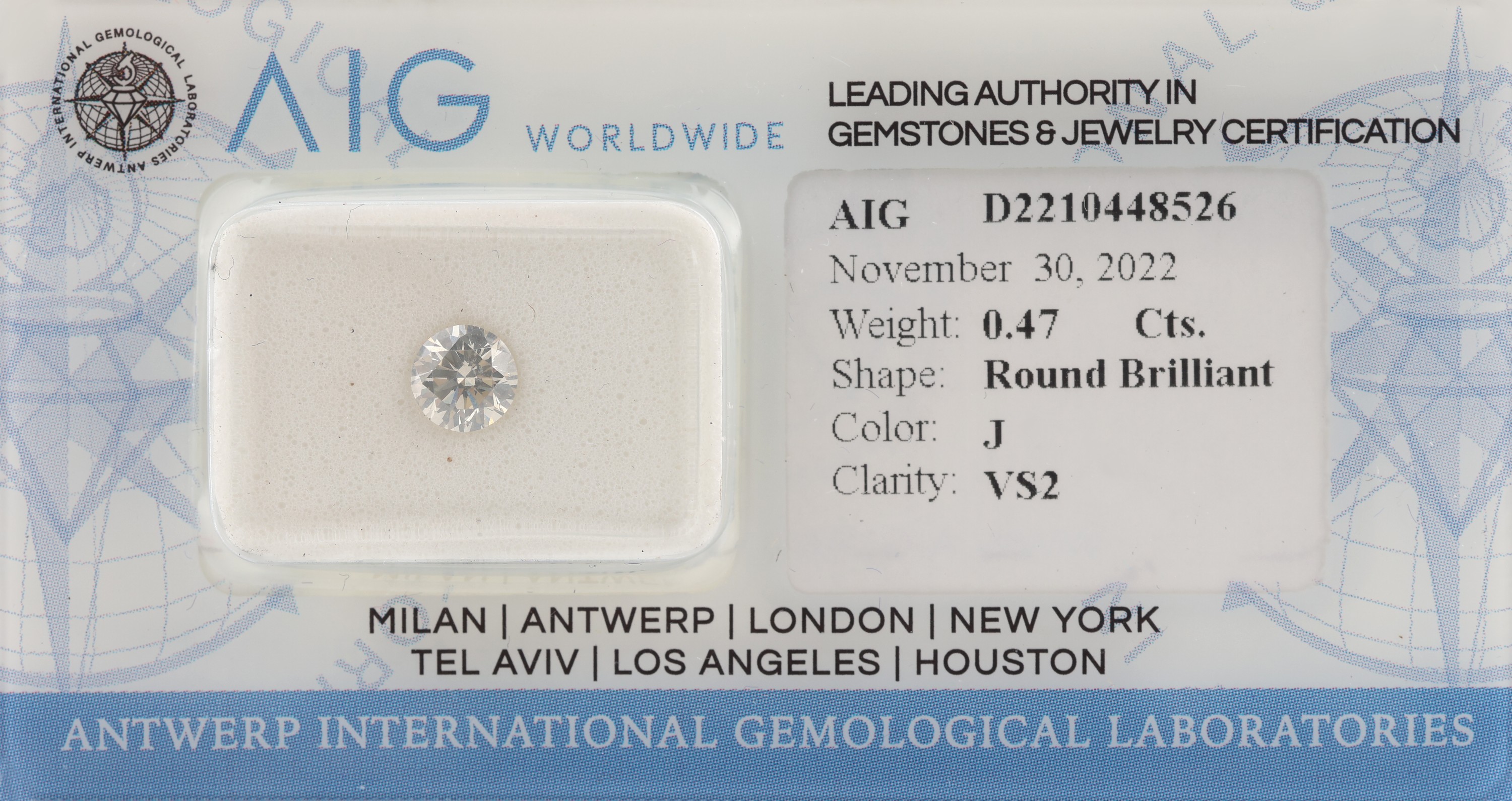 Loser Brillant, ca. 0.47 ct l.get.Weiß (J)/vs2, verschweißt, AIG Expertise anbei
