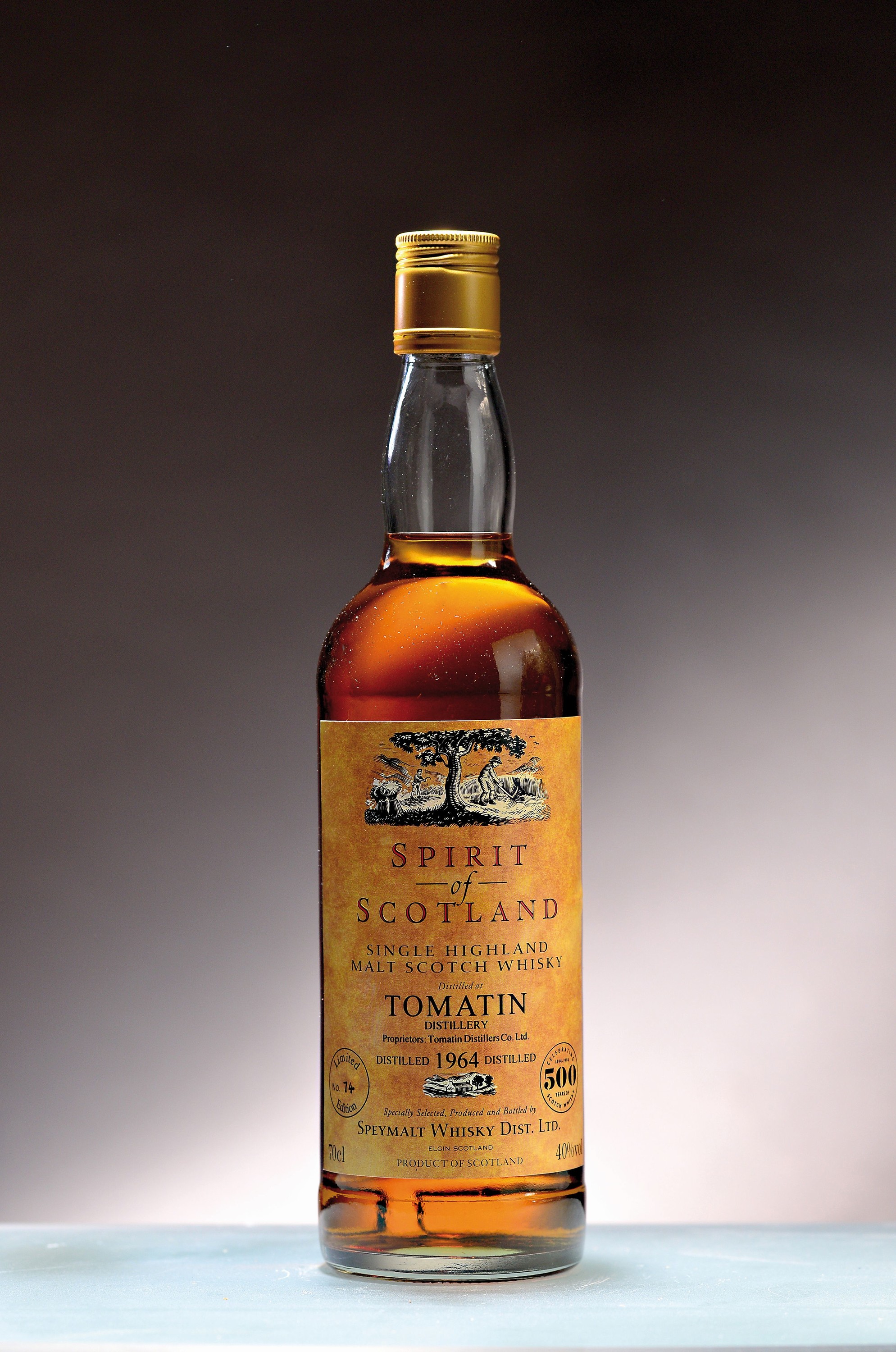 1 Flasche 1964 Tomatin Spirit of Scotland, Single Highland Malt, Limited Edition Flasche No. 74, ca. 70cl, 40%Vol., in orig. Karton